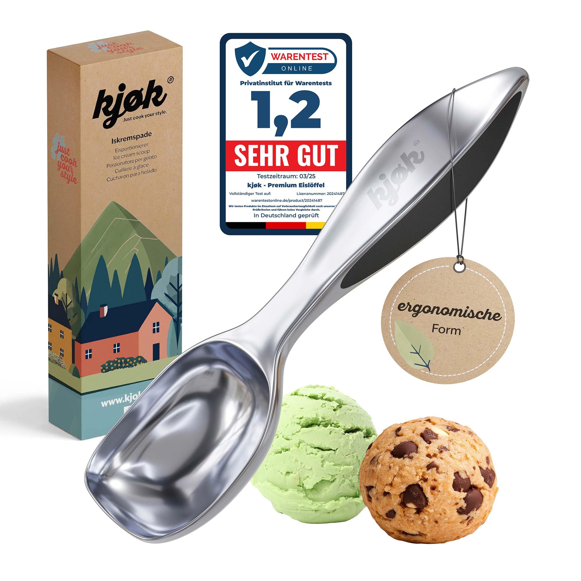 kjøk Premium Eislöffel Eiscreme Portionieren aus Zinklegierung in Chrom matt - Eisportionierer für Icecream - Eiskelle für Eis - Portionierer für Teig, Melonen, Reis oder auch Fleischbällchen