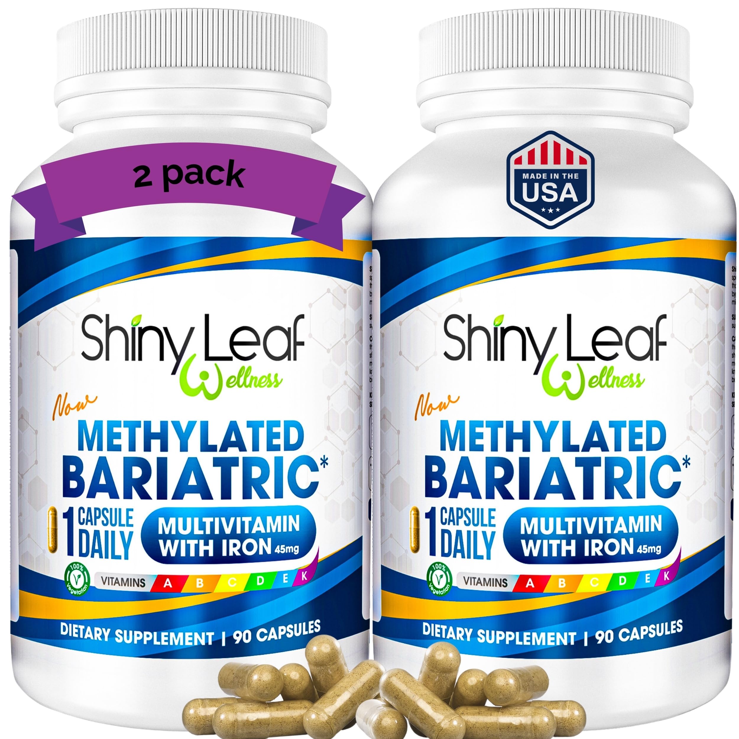Shiny Leaf One Daily Bariatric Multivitamin with 45 mg of Iron 90 Ct Capsule for Post Weight Loss Surgery (WLS), Sleeve, and Mini Gastric Bypass Patients (6 Month Supply)