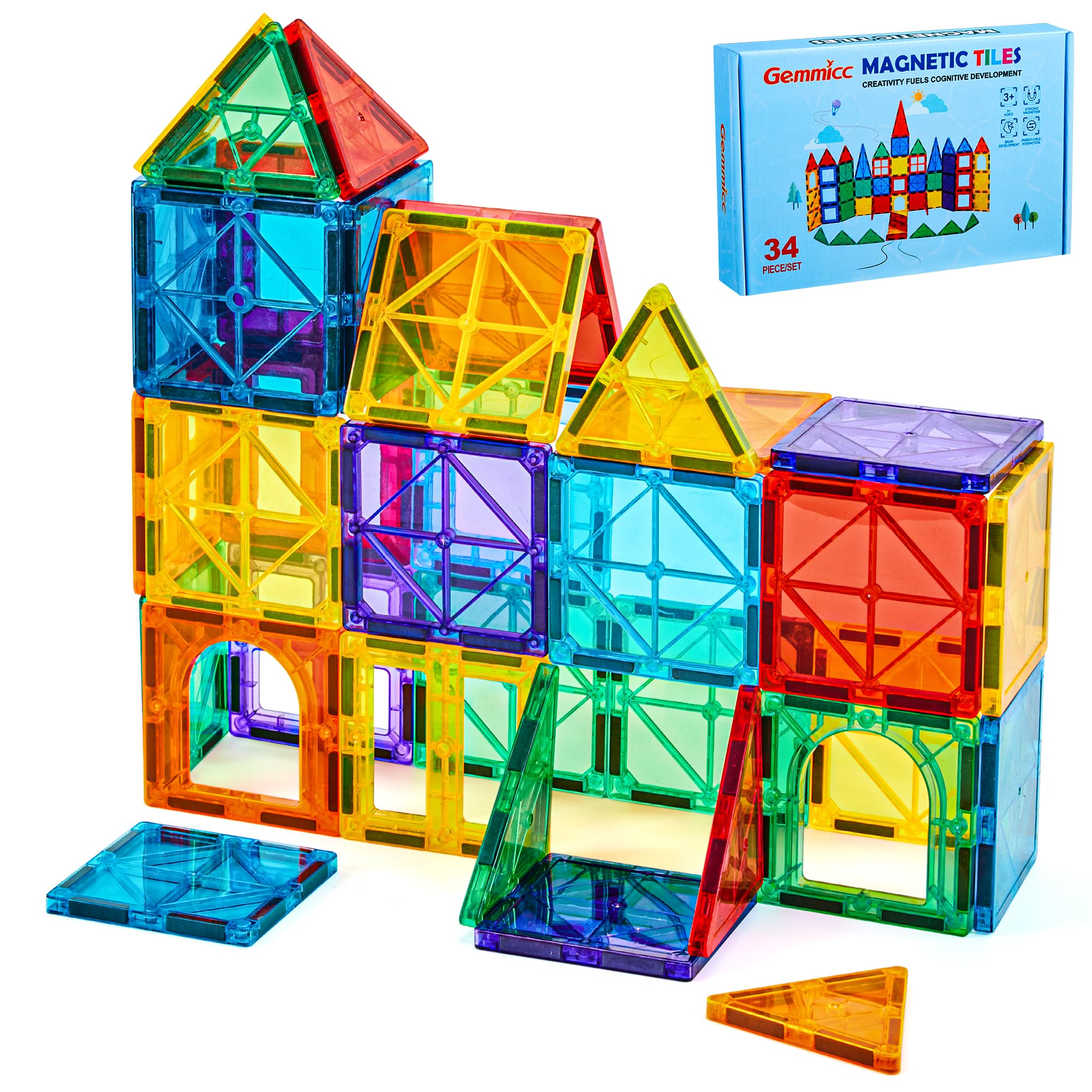 Amazon.co.jp: Gemmicc 34PCS マグネットタイル 積み木ブロック 子供用