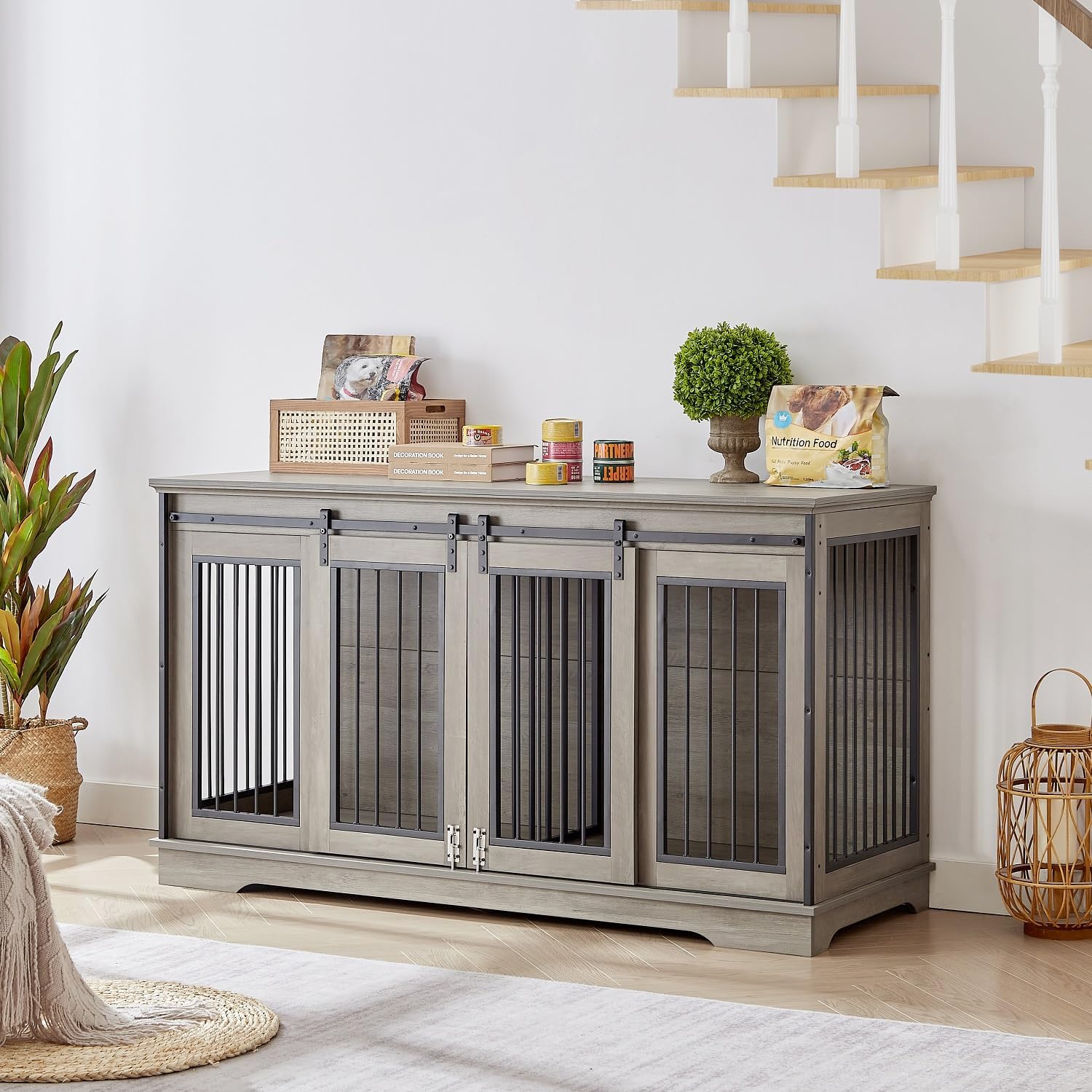 IchbinGo Large Wooden Dog Crate Furniture with Sliding Barn Door, 60.6" Indoor Kennel with Divider, TV Stand XXL for Large Dog or 2 Medium Dogs