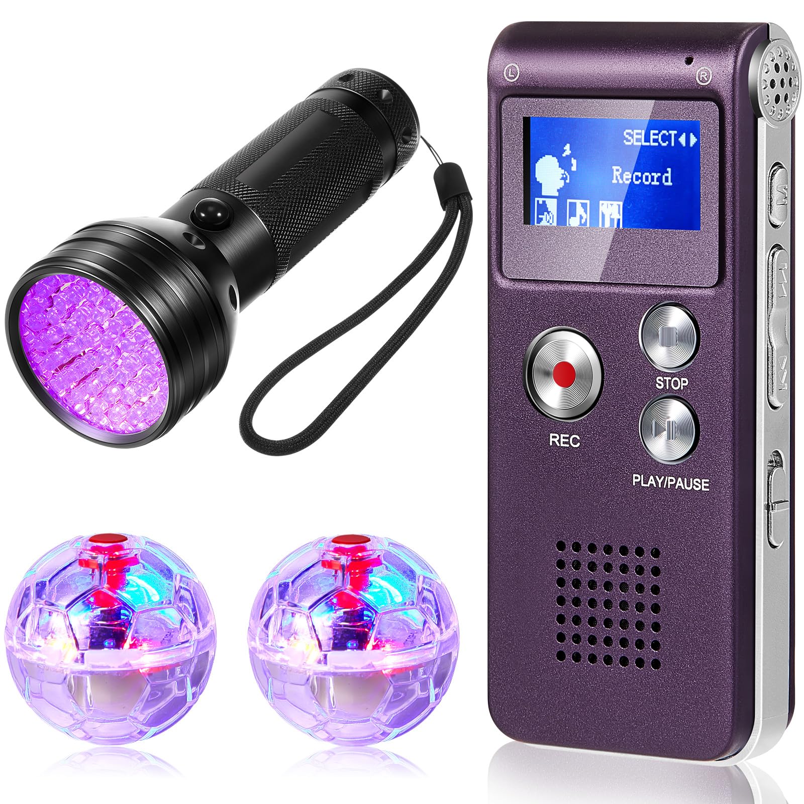 dunzy - 4 pack ghost hunting equipment kit includes 1 pocket digital voice recorder, 2 led lighted pet cat balls, 1 black uv flashlight, 8gb (purple, classic)