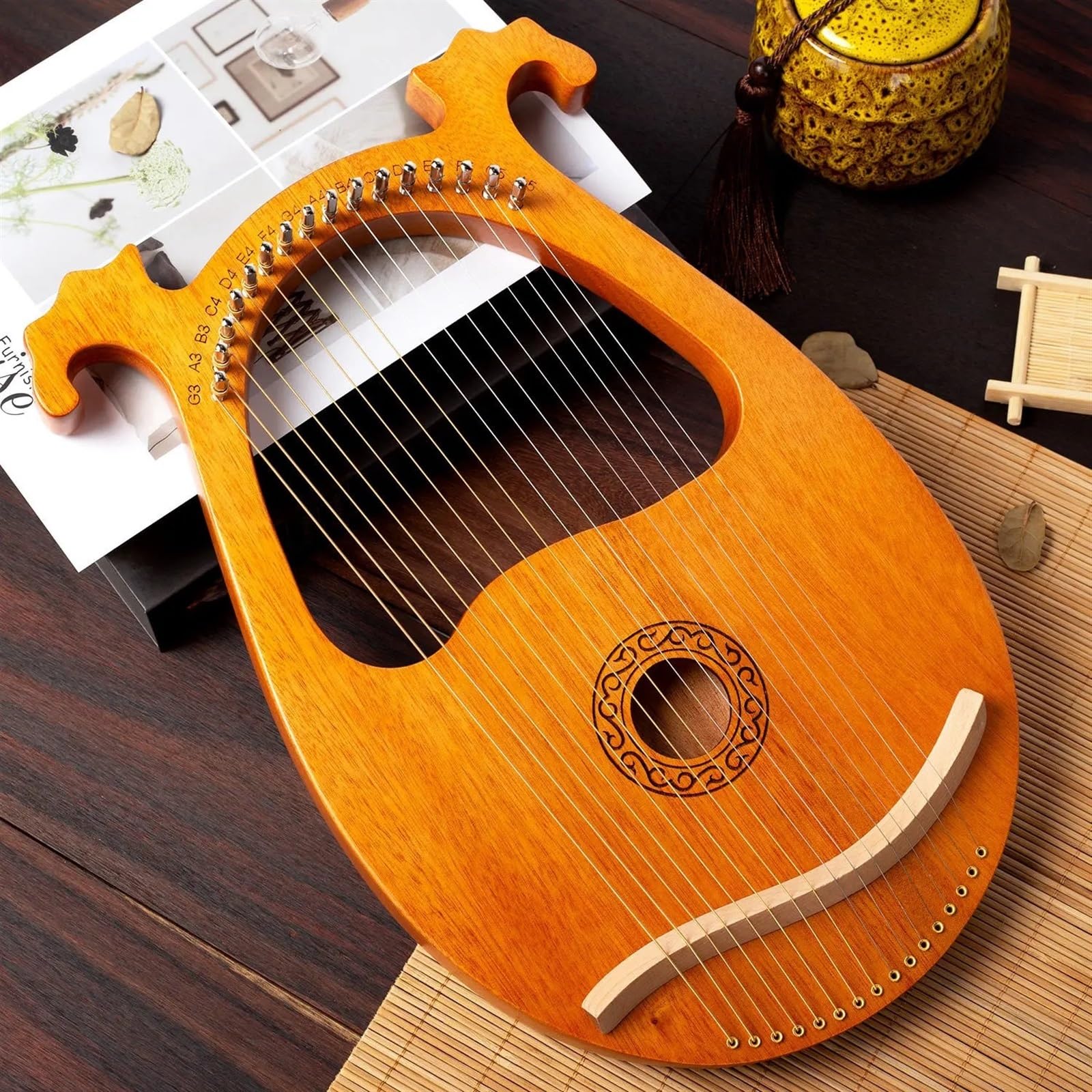 Lyre Harp 16 Saiten Holz Mahagoni Leier Harfe Instrument mit Tonabnehmer Stimmschlüssel Reinigungstuch Anfänger Geschenk Musikinstrument(Dark Green)