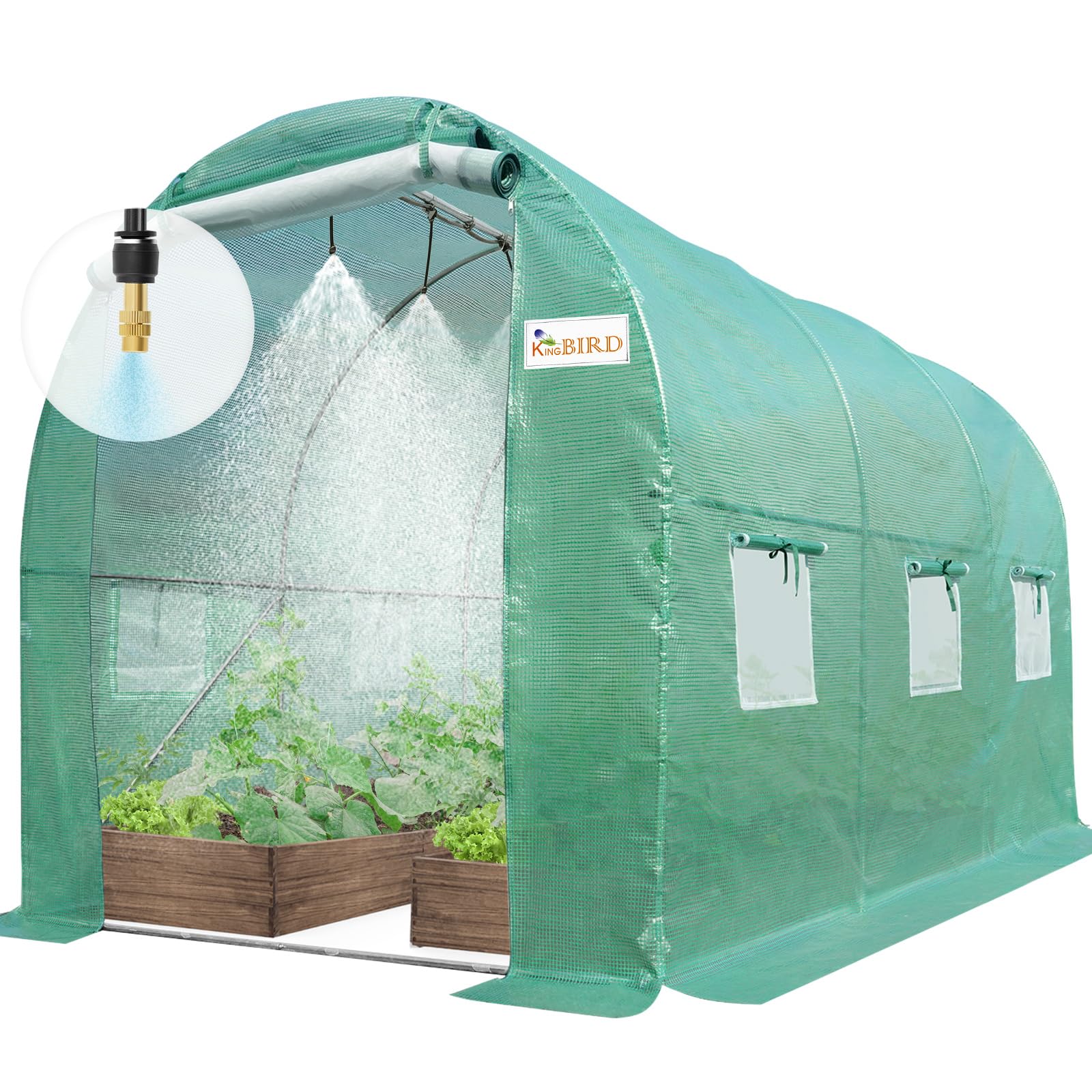KING BIRD Premium 10x6.6x6.6FT Greenhouse for Outdoors W/Watering Kits, Large Walk-in Heavy Duty Galvanized Steel Frame & Mesh Doors Screen Window Tunnel Garden Plant Winter Hot Green House, Green