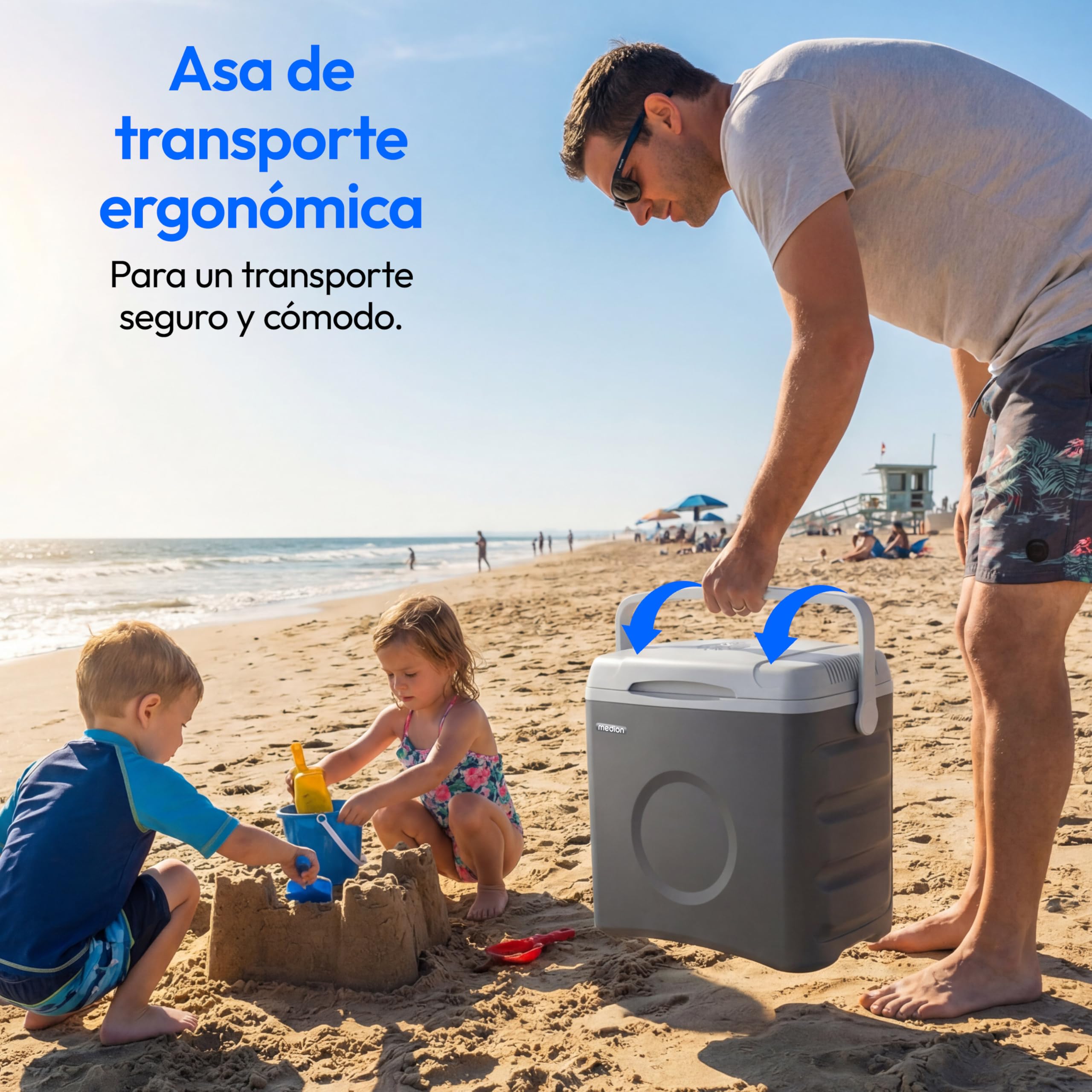 MEDION Nevera Portátil Termoeléctrica 35 L Capacidad Bruta Función Refrigeración y Calentamiento Alimentación 12V Toma de Coche 230V USB 5V para Coche Barco y Camping, MD370030 Gris Clase Energética E
