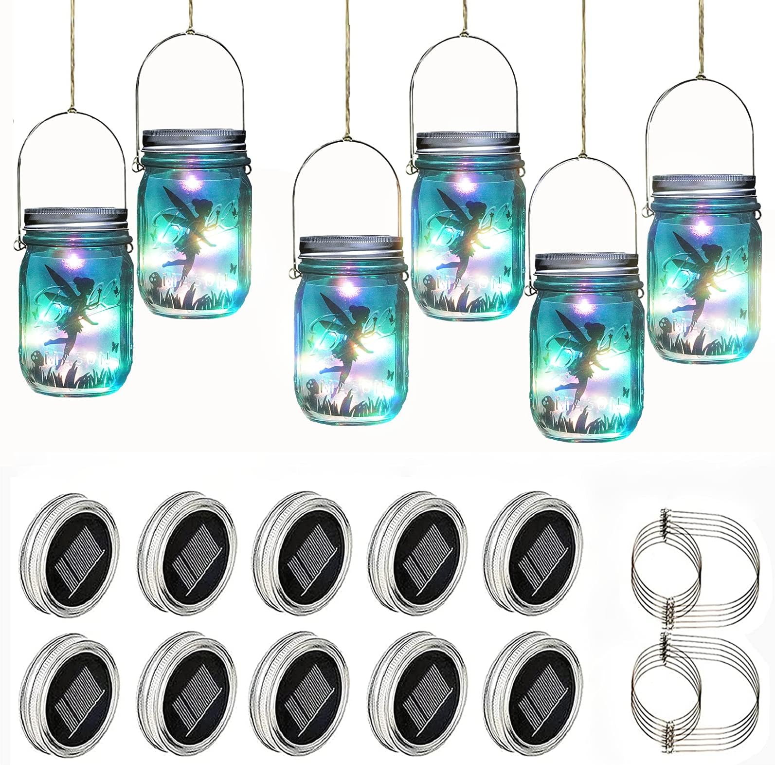30 LED 10 Packs Mason Jars Lid Solar Light with Hangers Outdoor Colored Solar Firefly Fairy Lights for Mason Jar Fairy Patio Garden Yard Wedding Christmas Decor [2 Fairy Decals Gift/ No Jars]