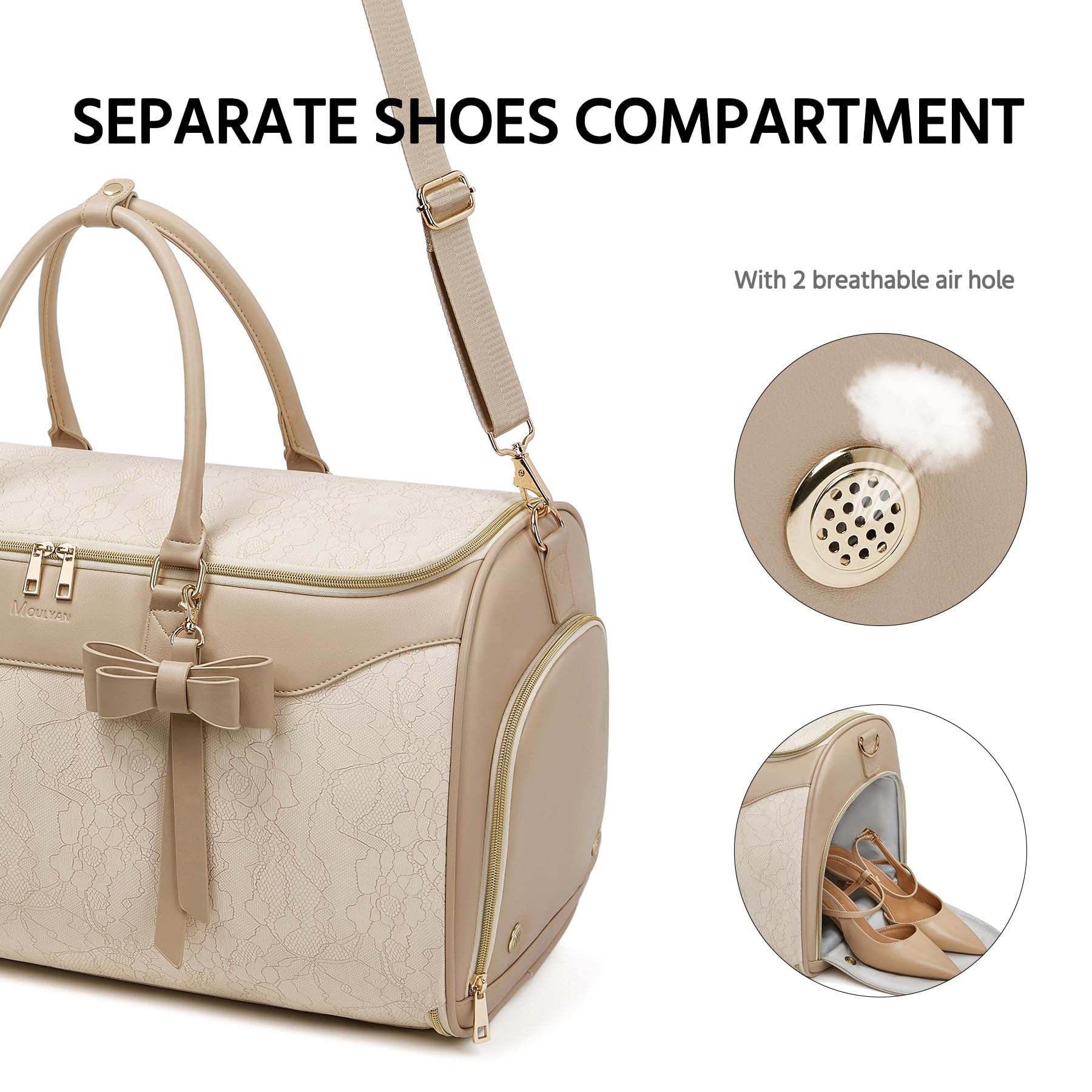 Lot de 3 Sacs à vêtements pour Voyage, Sac de Voyage Convertible en Cuir avec Trousse de Toilette, Sac de Transport imperméable avec Compartiment à Chaussures, Sac de Voyage 2 en 1 pour Femme, Beige