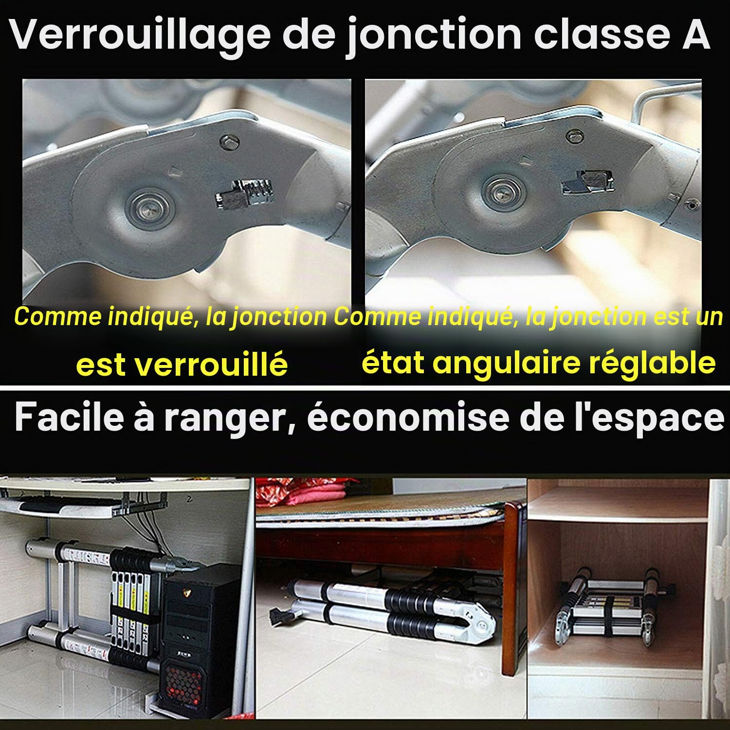 COOCHEER Échelle télescopique Pliable 5M, échelle Pliante 2 en 1 en Aluminium avec 16 Chevilles, Charge maximale 150 kg, Argent Pur