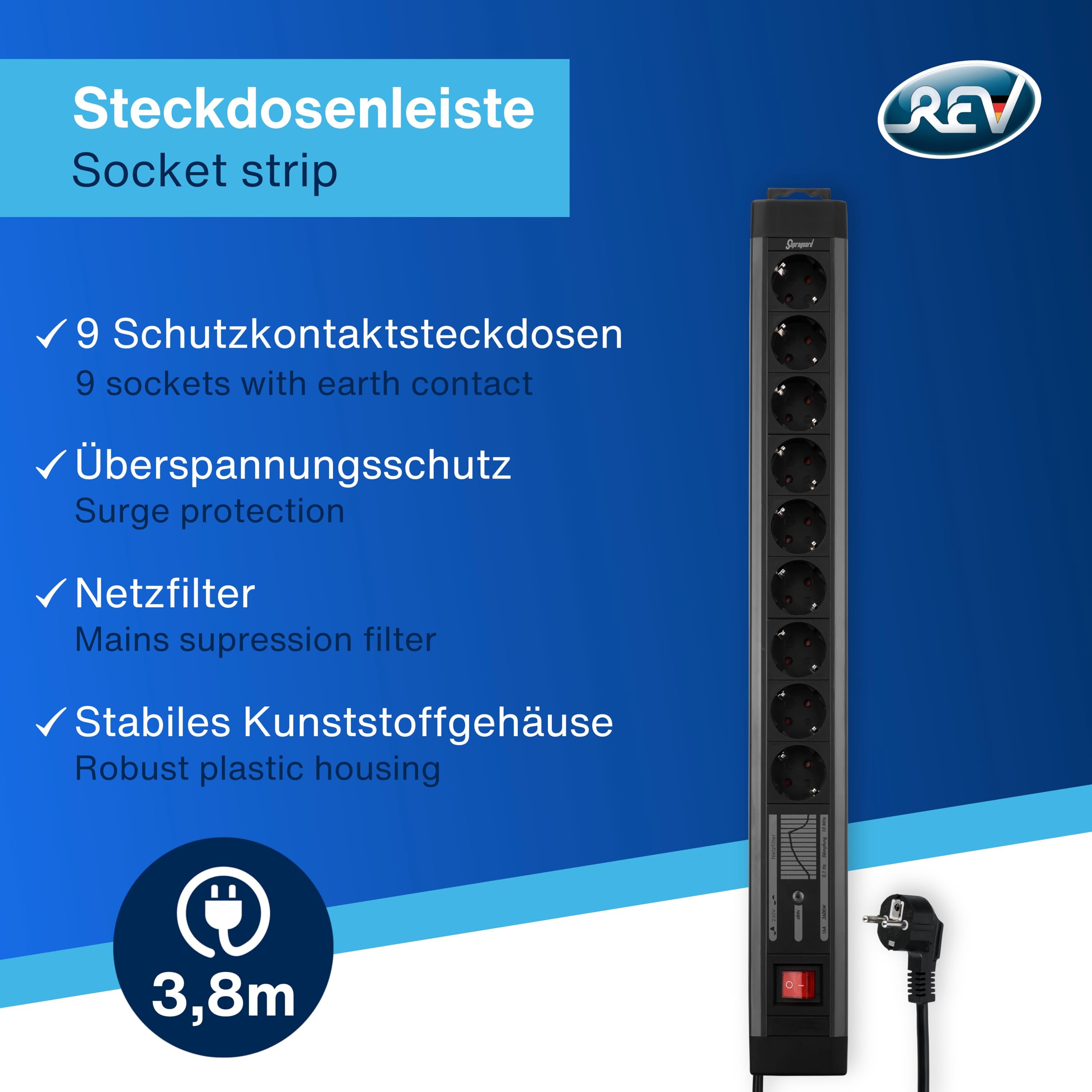 REV Steckerleiste SupraGuard - 9,Fach, ÜSS, Netzfilter, 3,8m, anthrazit | Robuste Steckdosenleiste mit Schalter