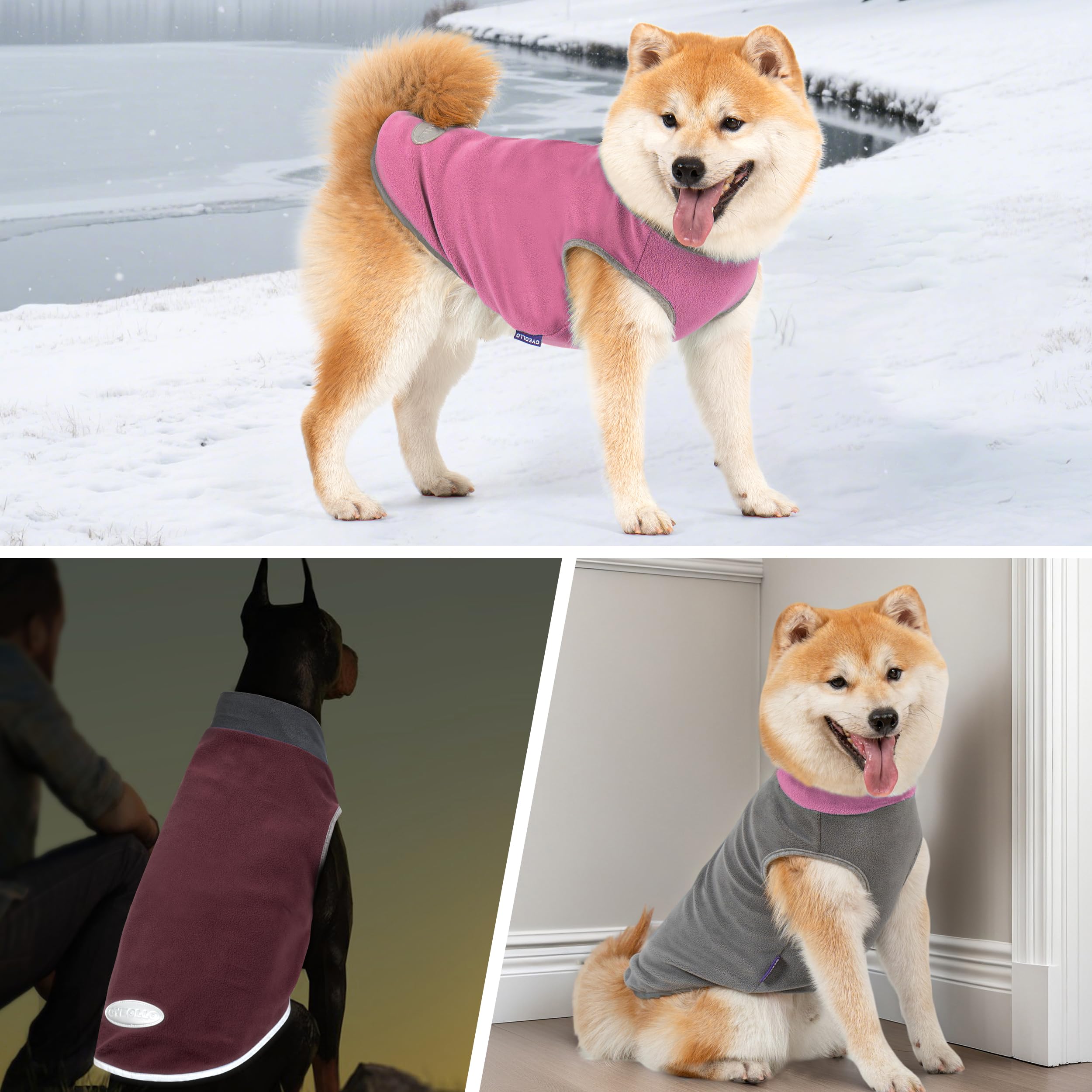 cyeollo Paquete de 2 suéteres de forro polar para perro con rayas reflectantes, suéteres elásticos y ligeros, ropa cálida para perros pequeños, talla M, rosa y gris