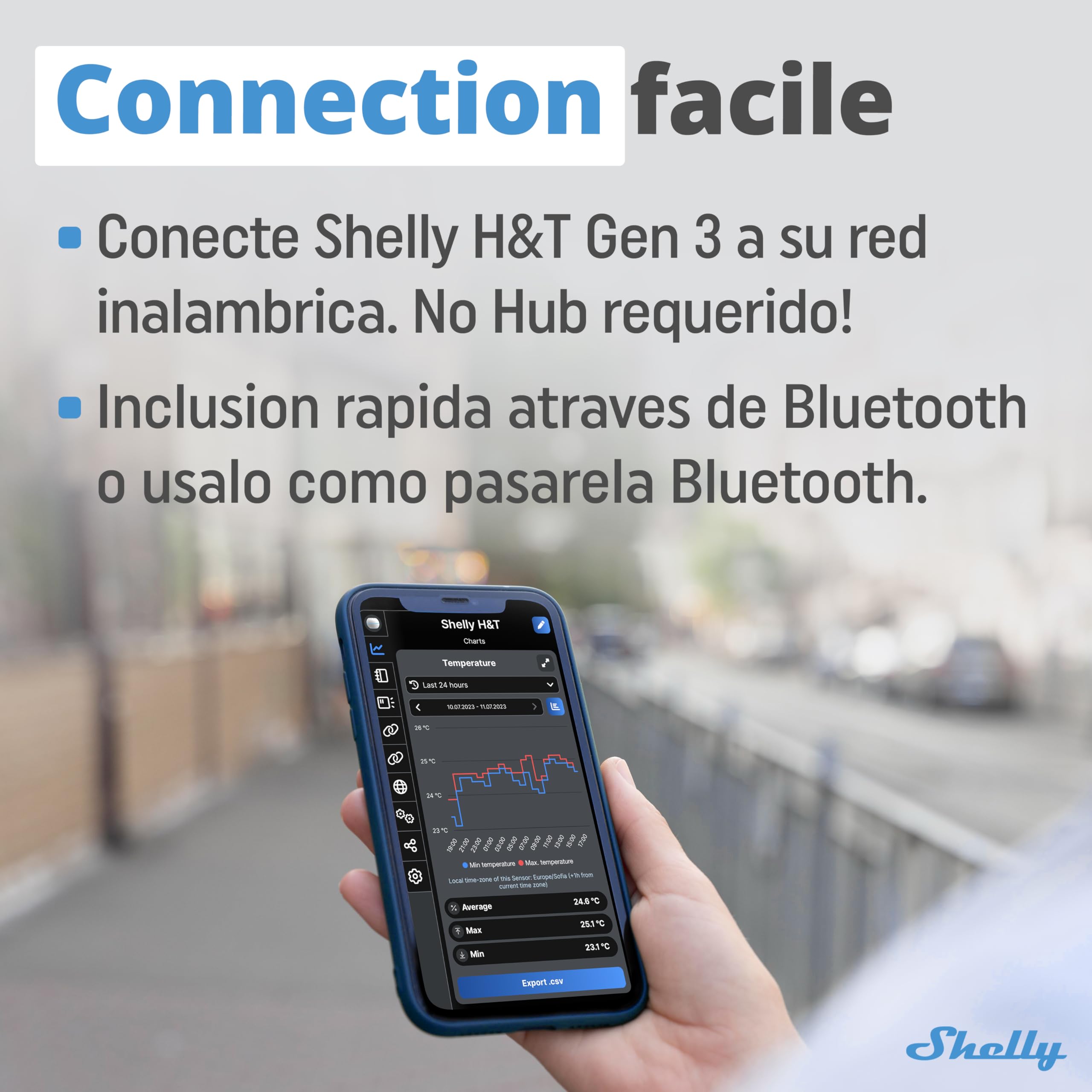 Shelly H&T Gen3 Negro - Termómetro Higrómetro Wi-Fi & Bluetooth, Medidor Inalámbrico de Temperatura y Humedad, Almacenamiento de Datos, Control Remoto por App, Bateria Larga Duración o USB