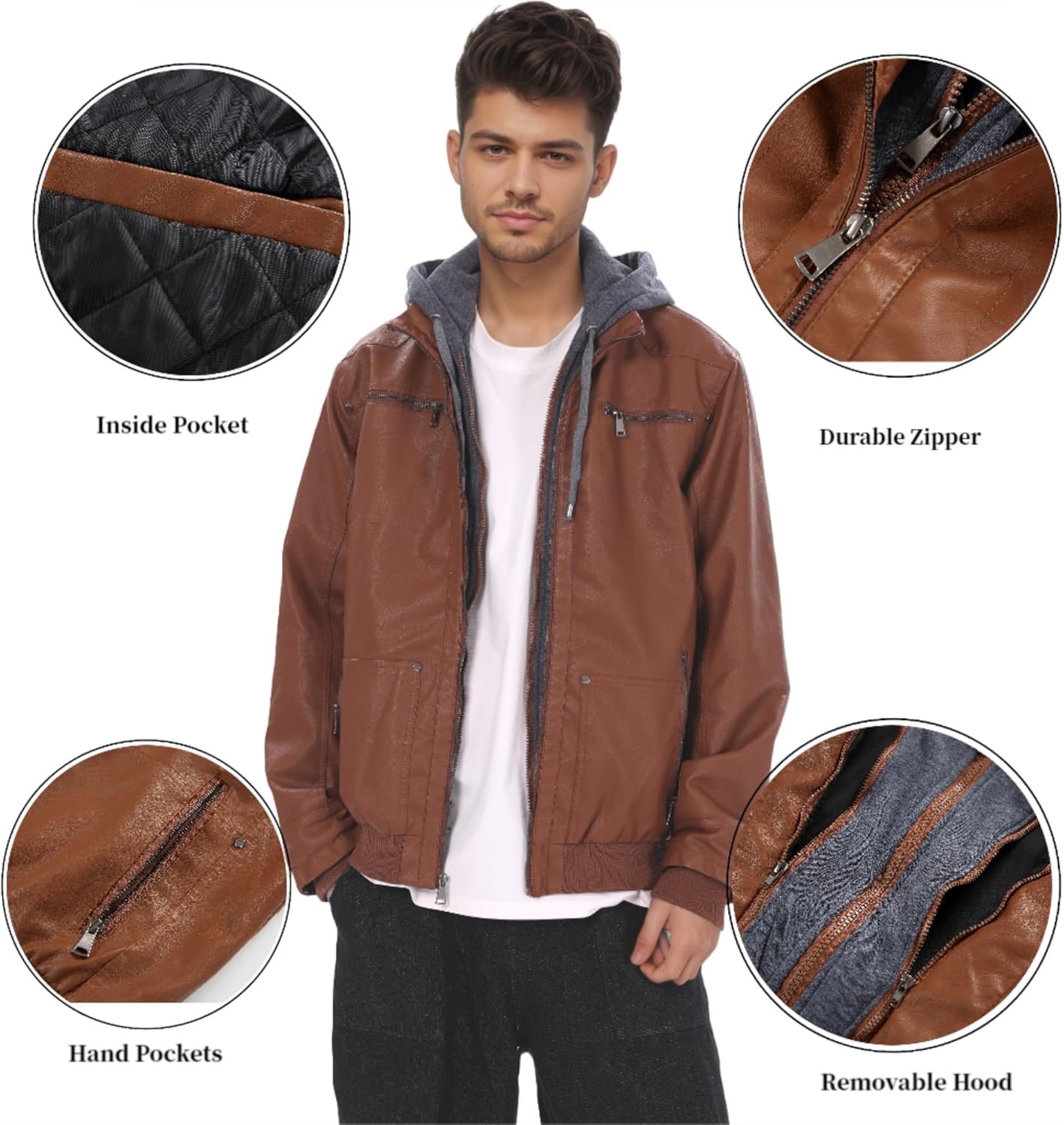 CorBuyit Men's Faux Leather Jacket with Removable Hood, (S - 6XL), Motorcycle Jacket Casual Warm Winter Coat - Image 9