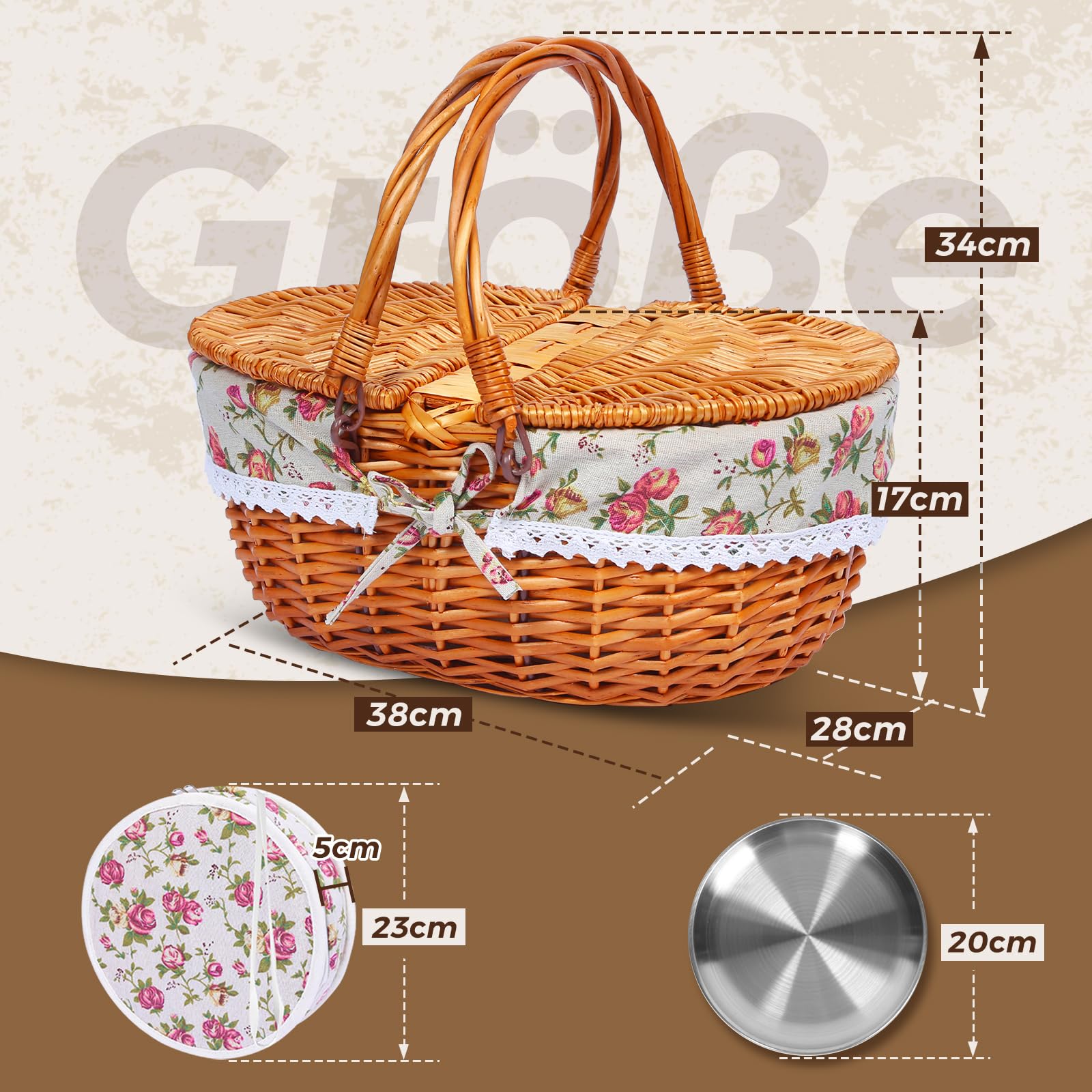 Cesto da picnic in vimini per 4 persone, con coperchio e manico, cestino da picnic con fodera lavabile e posate per esterni, campeggio, Halloween, Natale e un