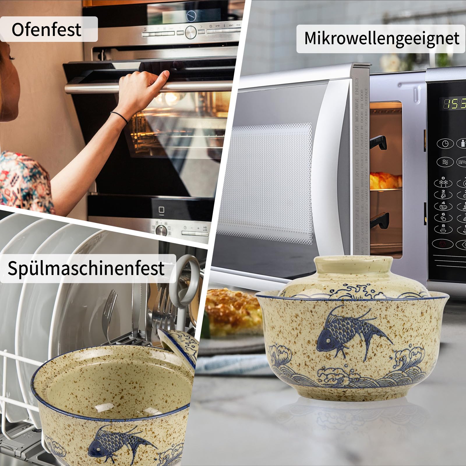 Ensemble de bols à ramen avec cuillère et baguettes, 2 x 800 ml Bols à ramen japonais en céramique avec couvercle, bols à soupe en porcelaine - Poisson