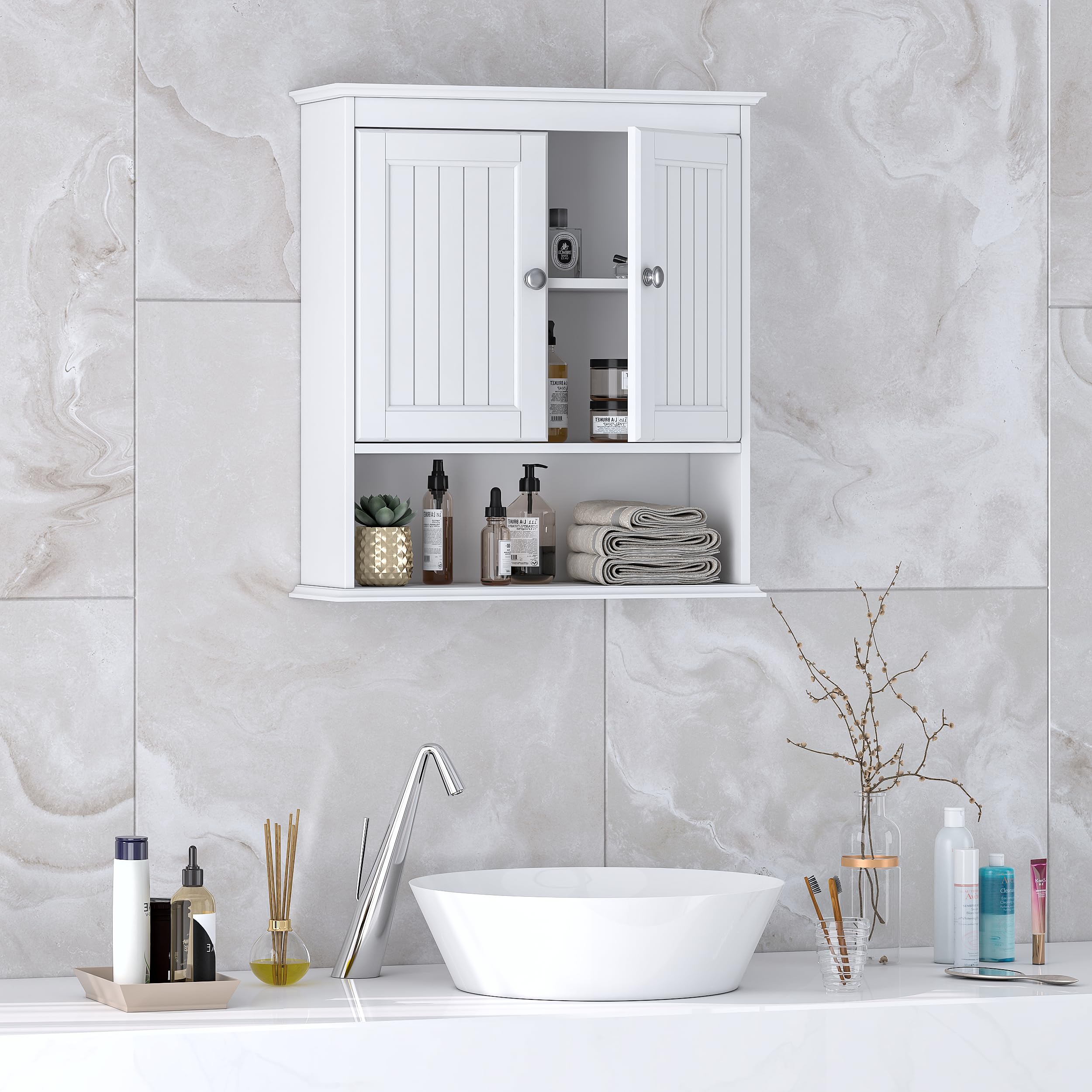 Spirich Armadietto Da Bagno A Parete Con Ante In Vetro – Bianco, 54,6x19x61 Cm, Ripiano Regolabile, Sopra WC