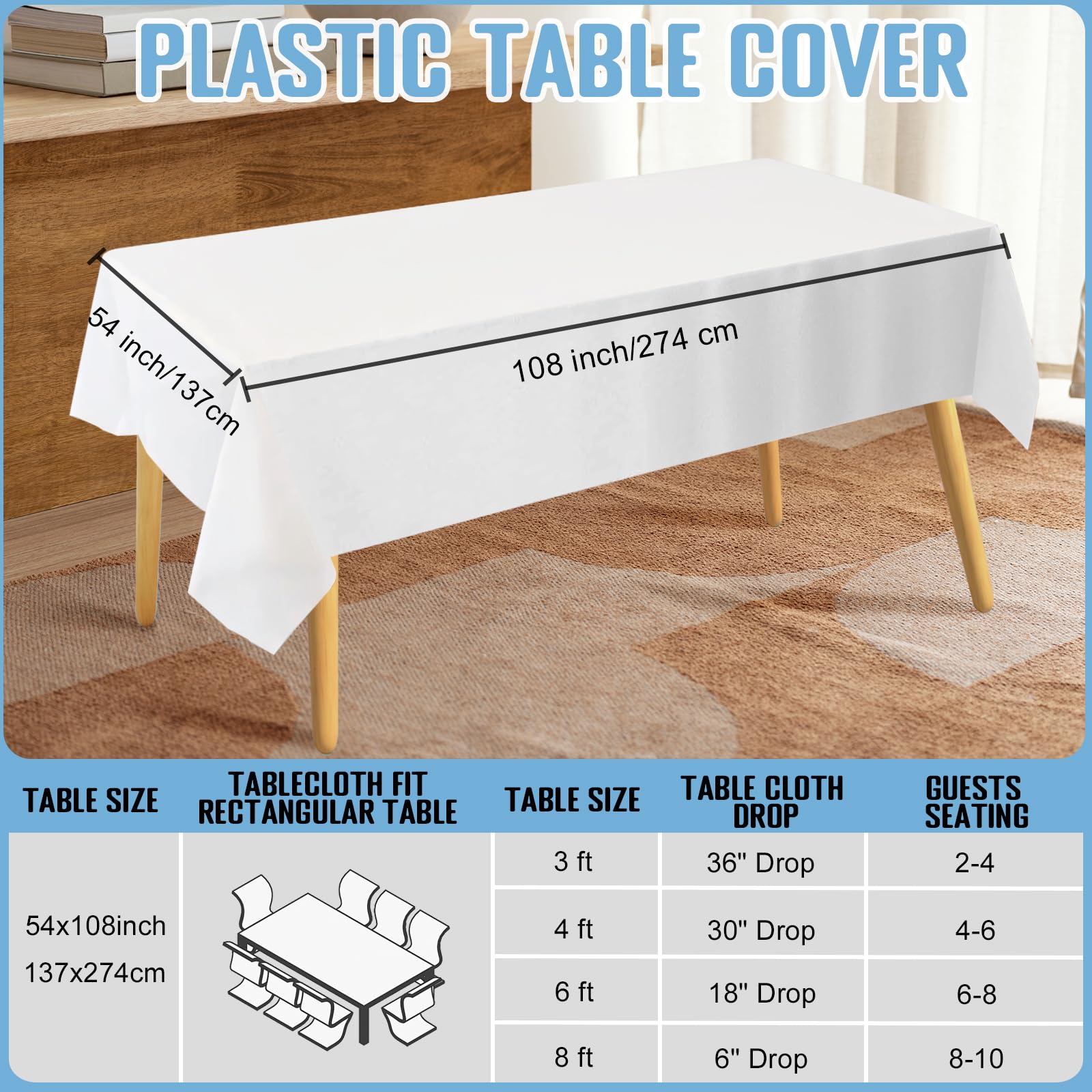 Tovaglia usa e getta, confezione da 10, 137 x 274 cm, in plastica impermeabile, rettangolare, per feste, matrimoni, riunioni, campeggio, picnic, colore bianco