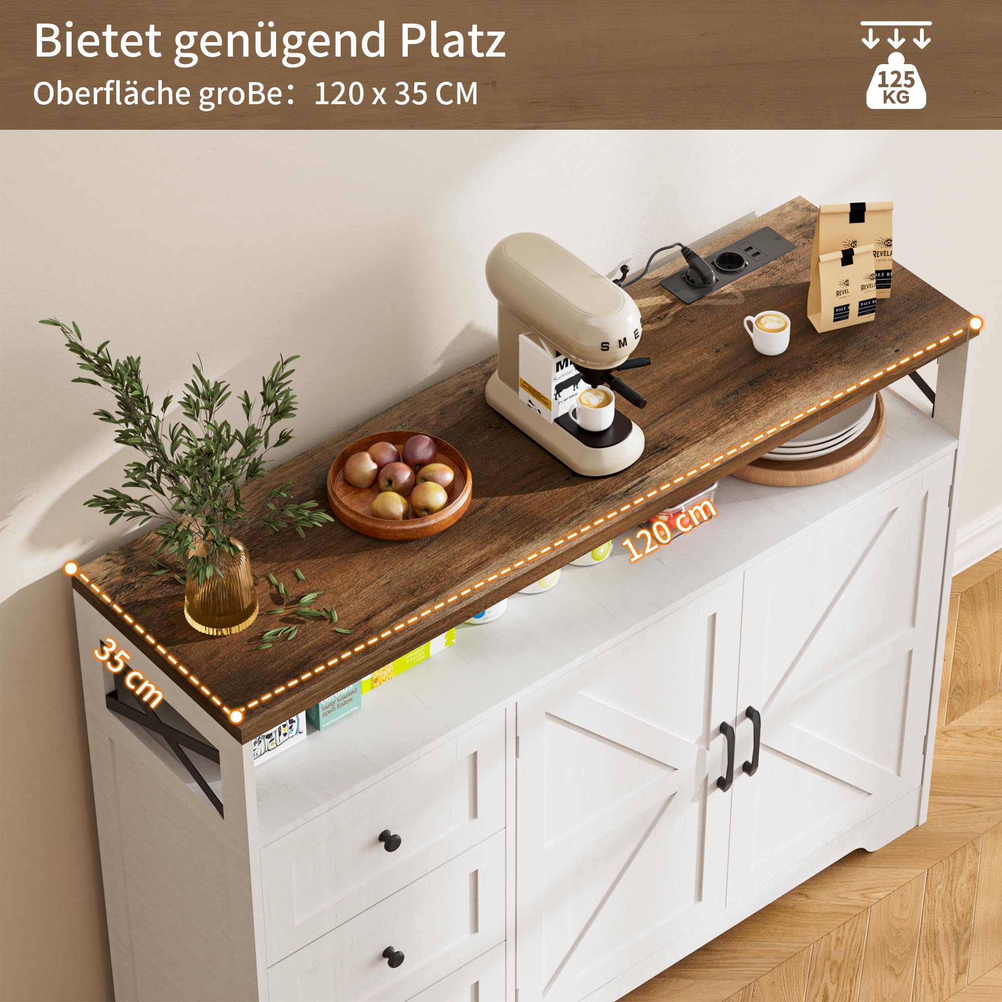 BonVache Sideboard, Küchenschrank mit Schubladen, Aufbewahrungsschrank, Anrichte mit Offenem Regal, Kaffeebar Schrank für Küche, Esszimmer, Wohnzimmer, 120 x 35 x 95cm, Cremeweiß in Holzoptik