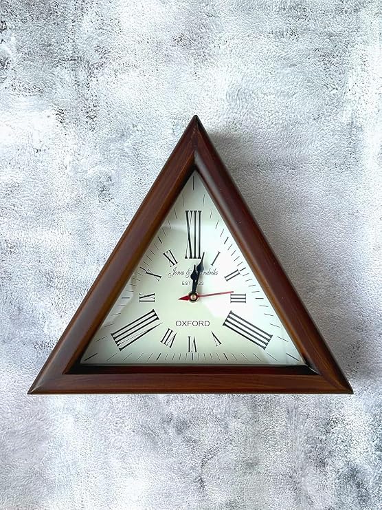 Brown Wooden Triangle Shape Wall Clock, Vintage Nautical Style Roman Number Silent Wall Clock, Mid Century Modern Operated Mantel Wall Hanging Clock for Living Room, Kitchen, Bedroom (12 Inch)