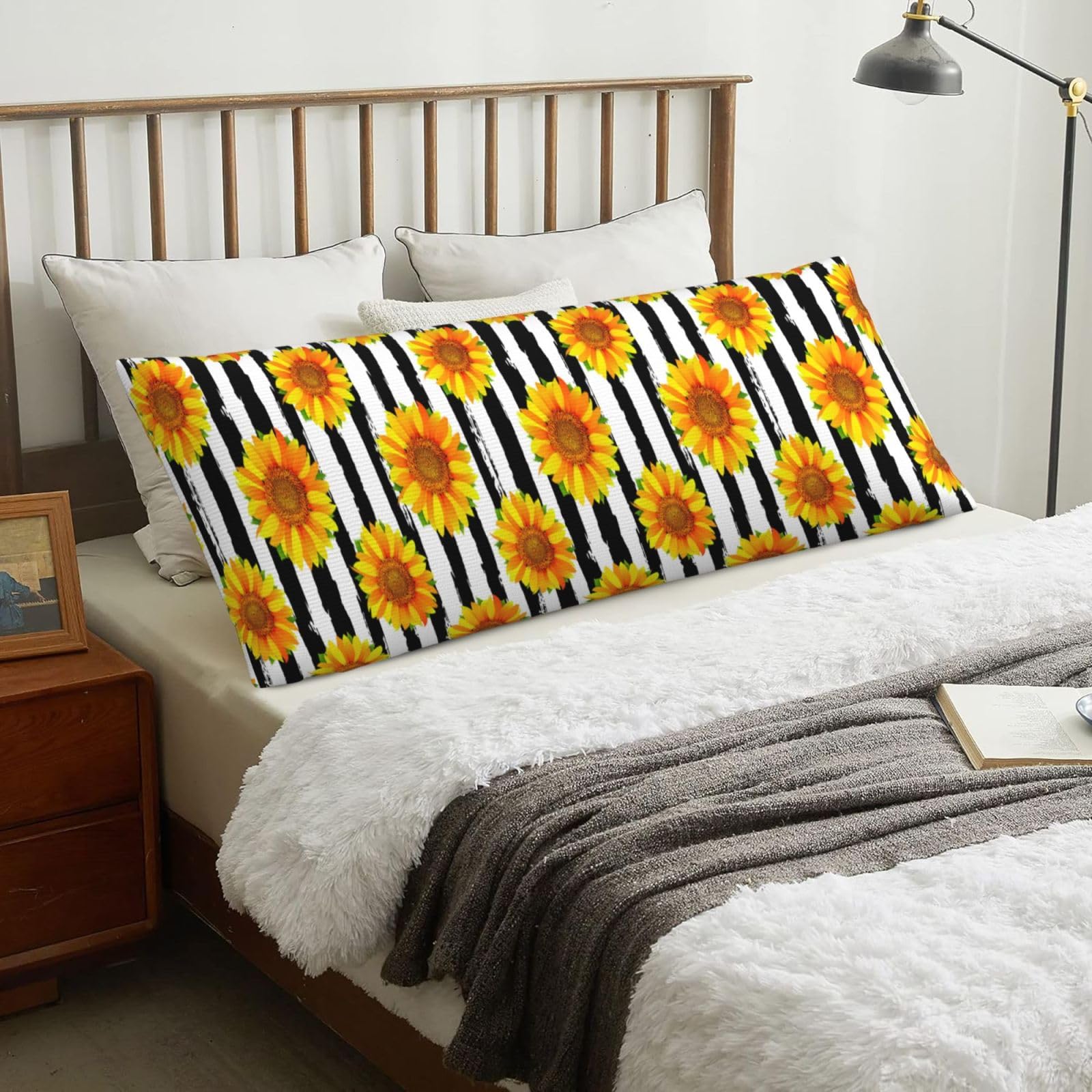 Sunflowers On Black And White Stripes Background, Body Pillow Cover with Zipper,Long Body Pillowcase 20 x 60 in