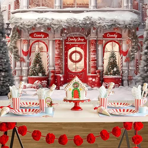 Miniatura 4 de Baocicco Fondo de fotos rojo de 7 x 5 pies para tienda de dulces de Navidad, pancartas de casa de jengibre, fondo de Papá Noel, decoración de