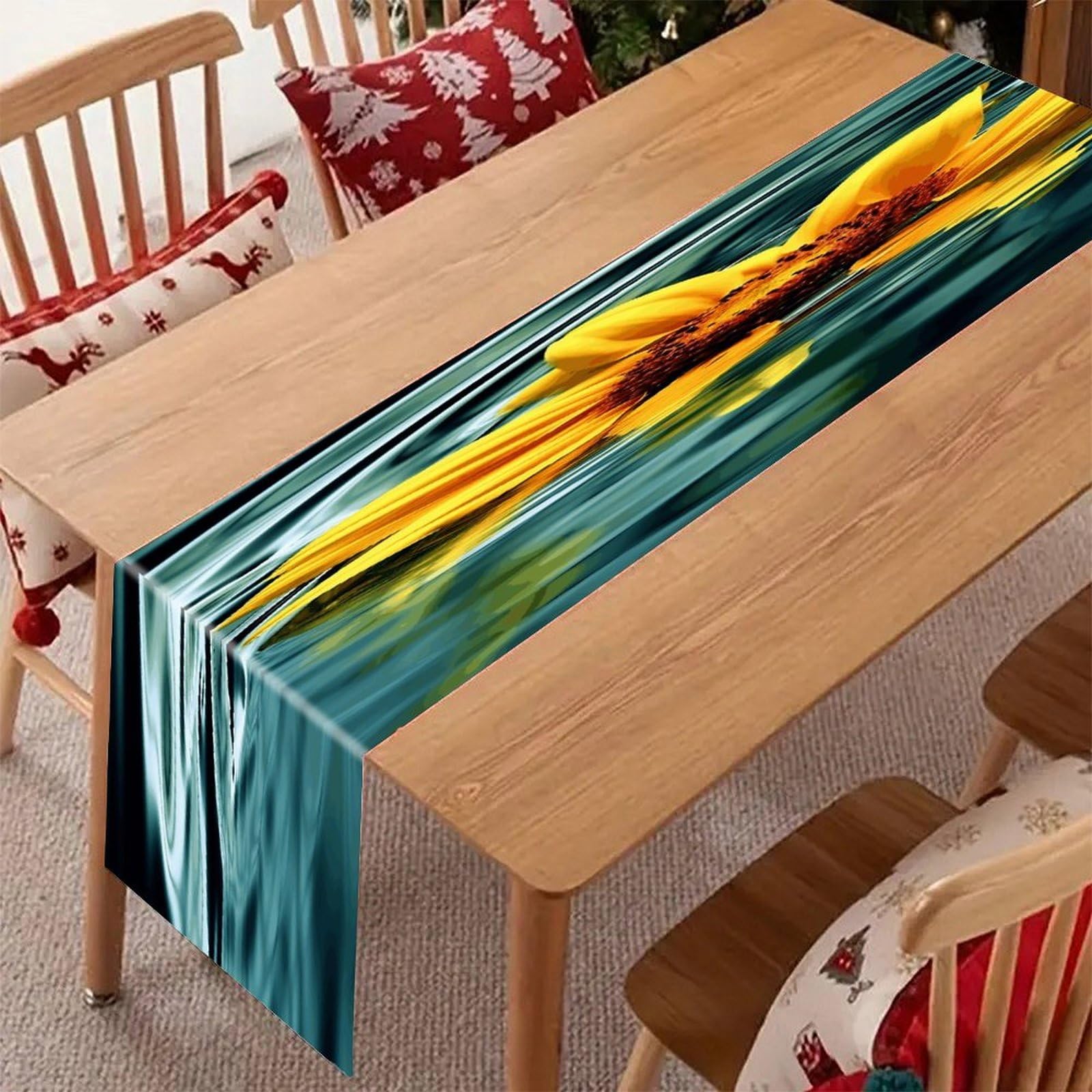 Adfgyerh Style Sunflower In Water Table Runner，Pure Linen Chambray ,Boho Table Runner，Heavy Duty Washable Fabric Decorations ，For Party Kitchen Dining Table Coffee Holiday Party Decor (12X70.87 Inches)