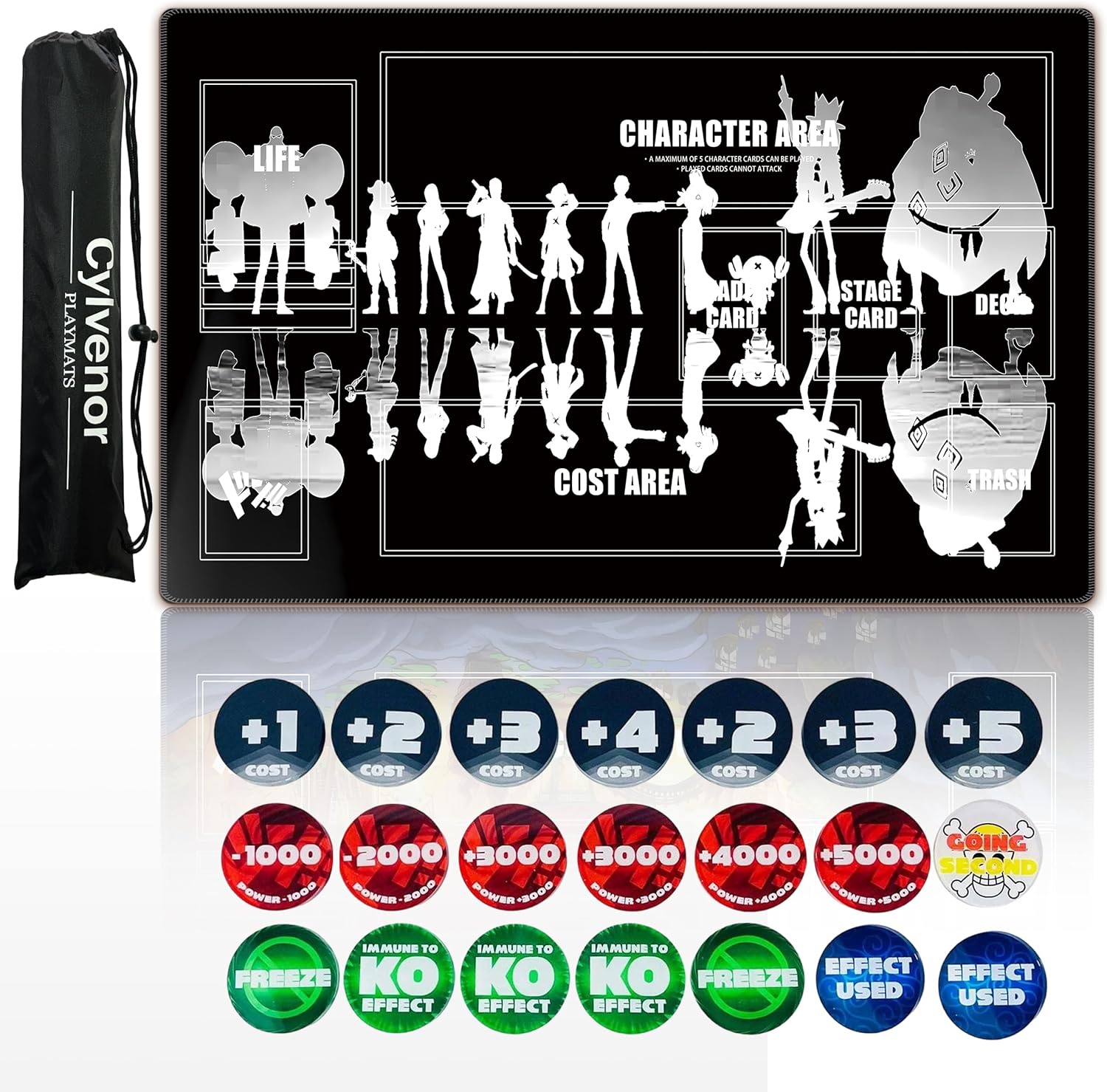 for one Piece TCG playmat - 24x14 inches Rubber Card Game mat with Marked Areas, 20 Acrylic counters & Storage Bag for one Piece Card Game Fans (Skeleton)