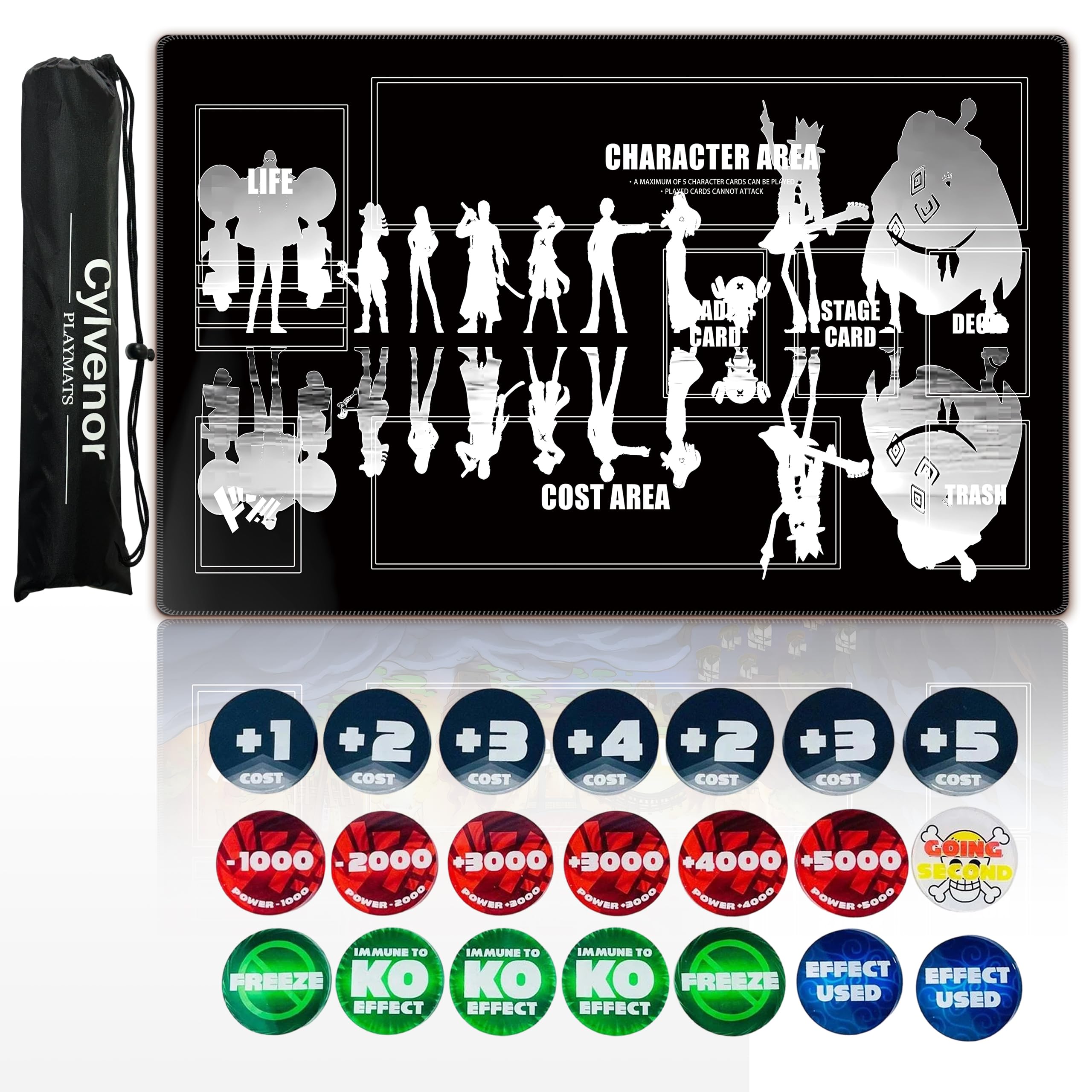 Cylvenor for one Piece TCG playmat - 24x14 inches Rubber Card Game mat with Marked Areas, 20 Acrylic counters & Storage Bag for one Piece Card Game Fans (Reflection)
