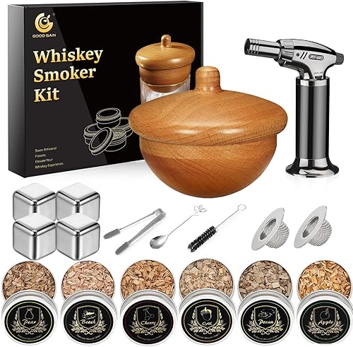 G GOOD GAIN Kit de ahumador de whisky con antorcha, kit de infusor de ahumador de cóctel a la antigua, chips de madera de 6 sabores, 4 piedras de
