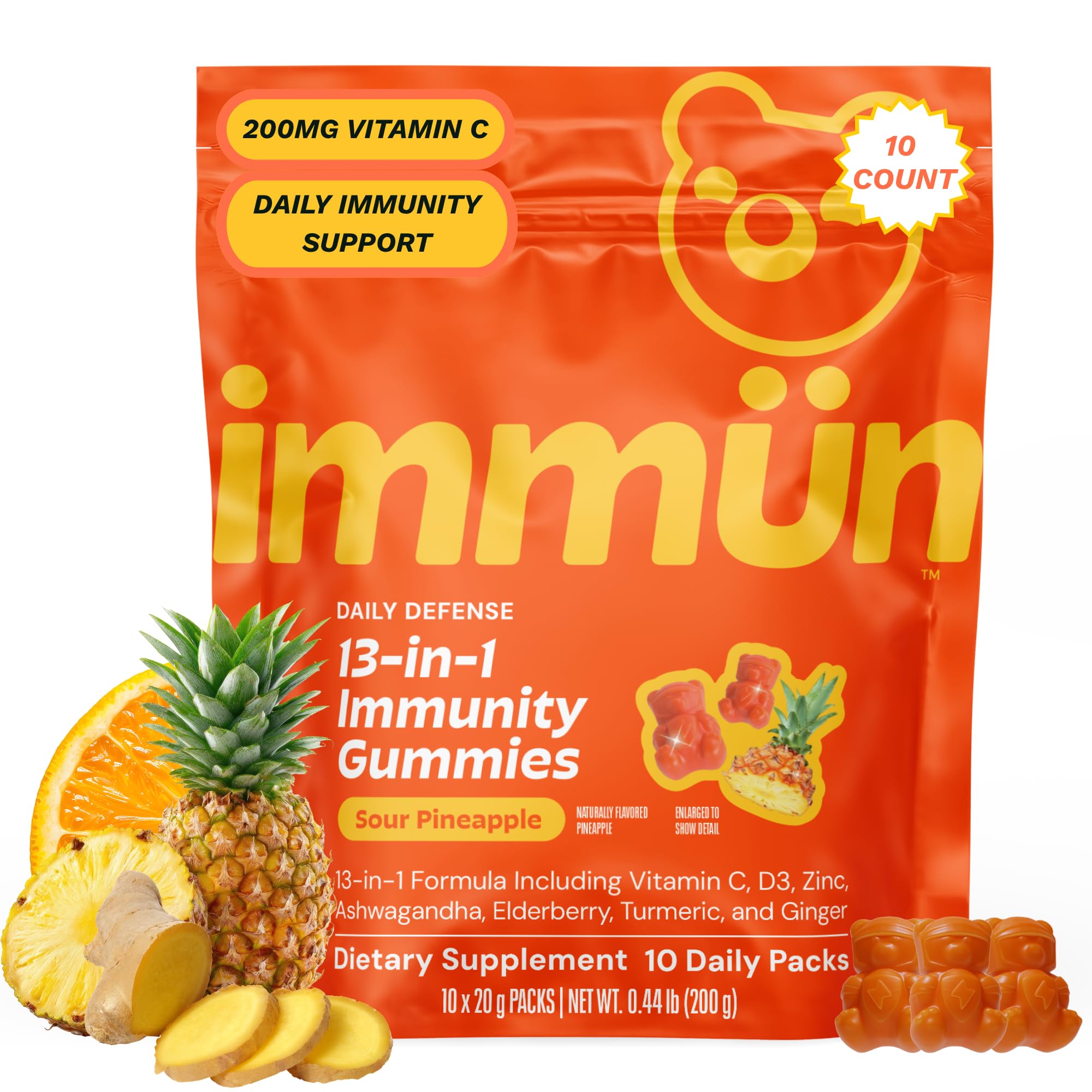Grüns Immun Immunity Gummies with Vitamin C, Daily Immune Support,10 Count Low Sugar 10 Count (Pack of 1)