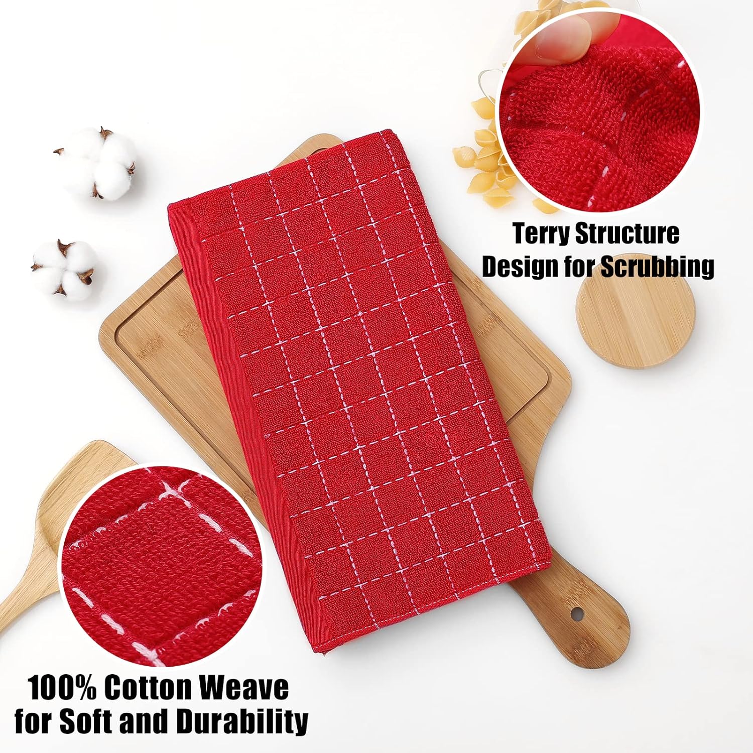 Homaxy 100% Cotton Terry Kitchen Dish Cloths, Ultra Soft and Absorbent Dish Towels for Kitchen, Suitable for Drying and Washing Dishes, 6 Pack, 12 x 12 Inches, Red - Image 2