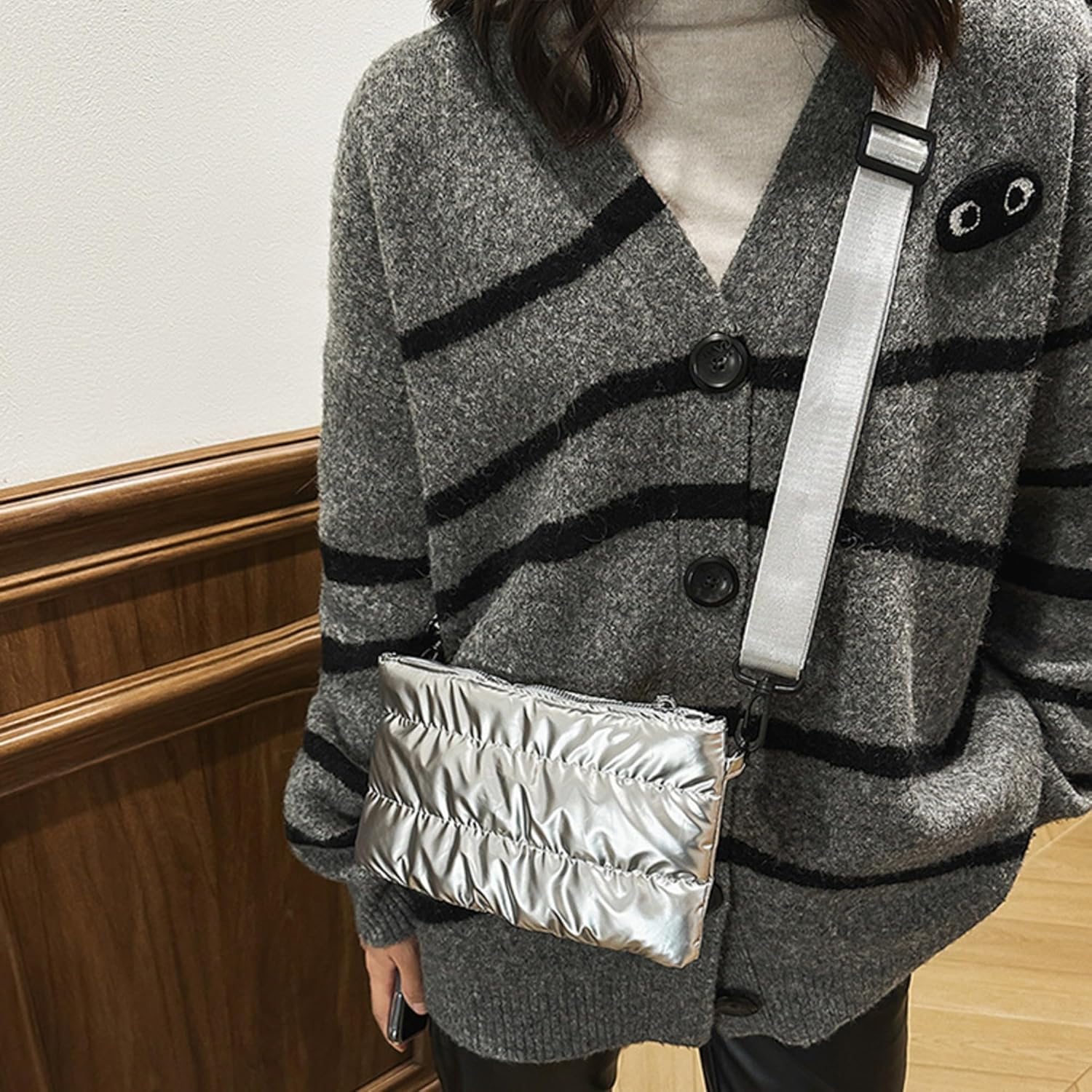 Quilted Metallic Lightweight Crossbody North South Tote Detachable Small Pouch, Puffer Bag Adjustable Strap, Shoulder Bag - Image 3