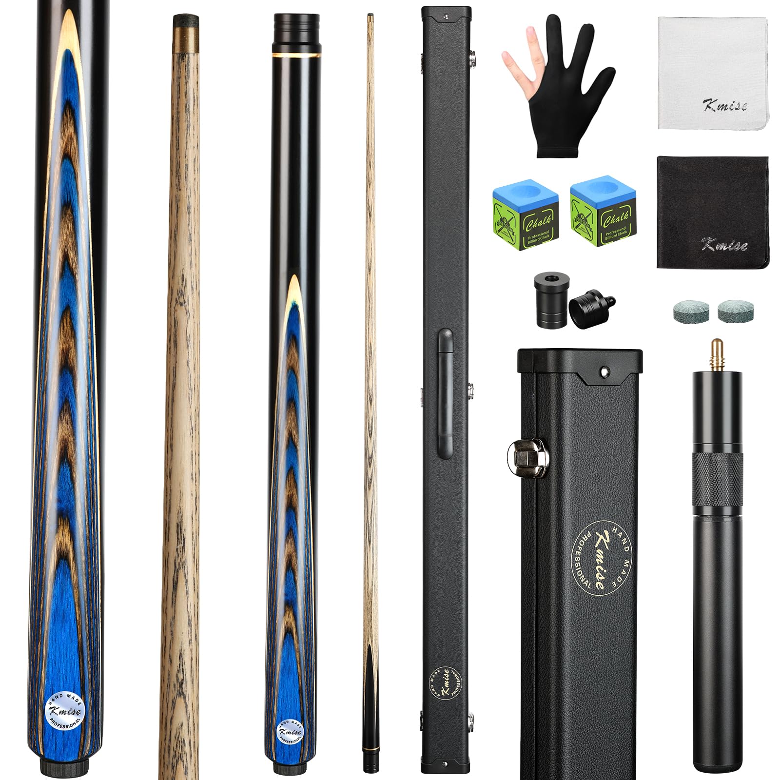 Kmise 57" 3/4 Jointed Snooker Billiard Pool Cue Handcrafted 9.5MM Tip Ash Wood Cue 19oz with Telescopic Aluminium Extension & Billiard Cue Case | Chalk & Glove Accessories Snooker Cue Set Blue