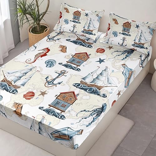 Miniatura 9 de HOSIMA Juego de cama individual con diseño de animales oceánicos en una bolsa para niños y niñas, sábana bajera con 2 fundas de almohada, diseño de