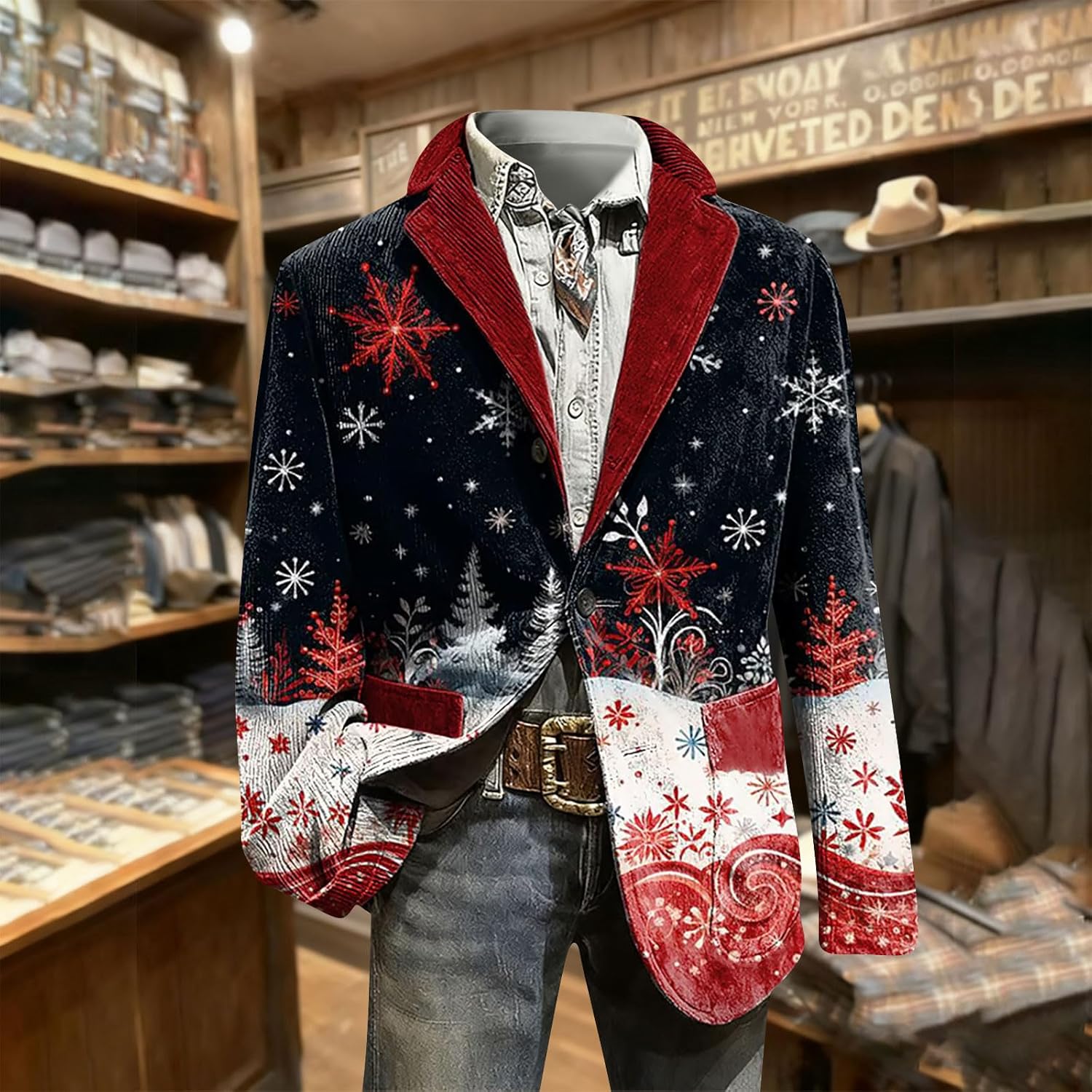 Men’s Christmas Blazer Vintage Holiday Corduroy Suit Jacket Slim Fit Fashion Casual Sport Coat Trendy Winter Colthes