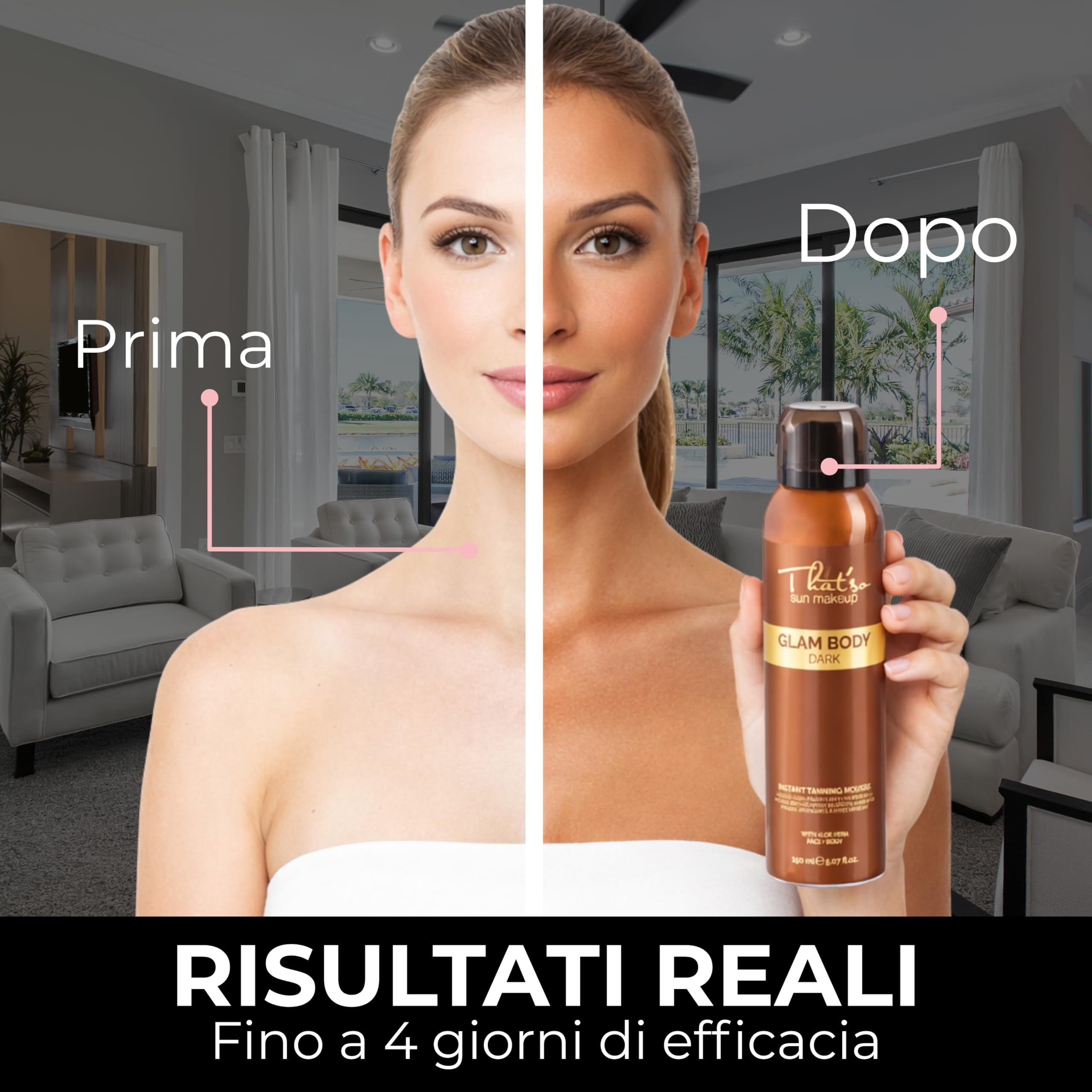 That’so Glam Body Mousse Autoabbronzante Viso e Corpo 150 ml Abbronzante Corpo Istantaneo Abbronzatura Intensa Fino a 4 Giorni Con DHA da Canna da Zucchero, Aloe Vera e Complesso Rassodante