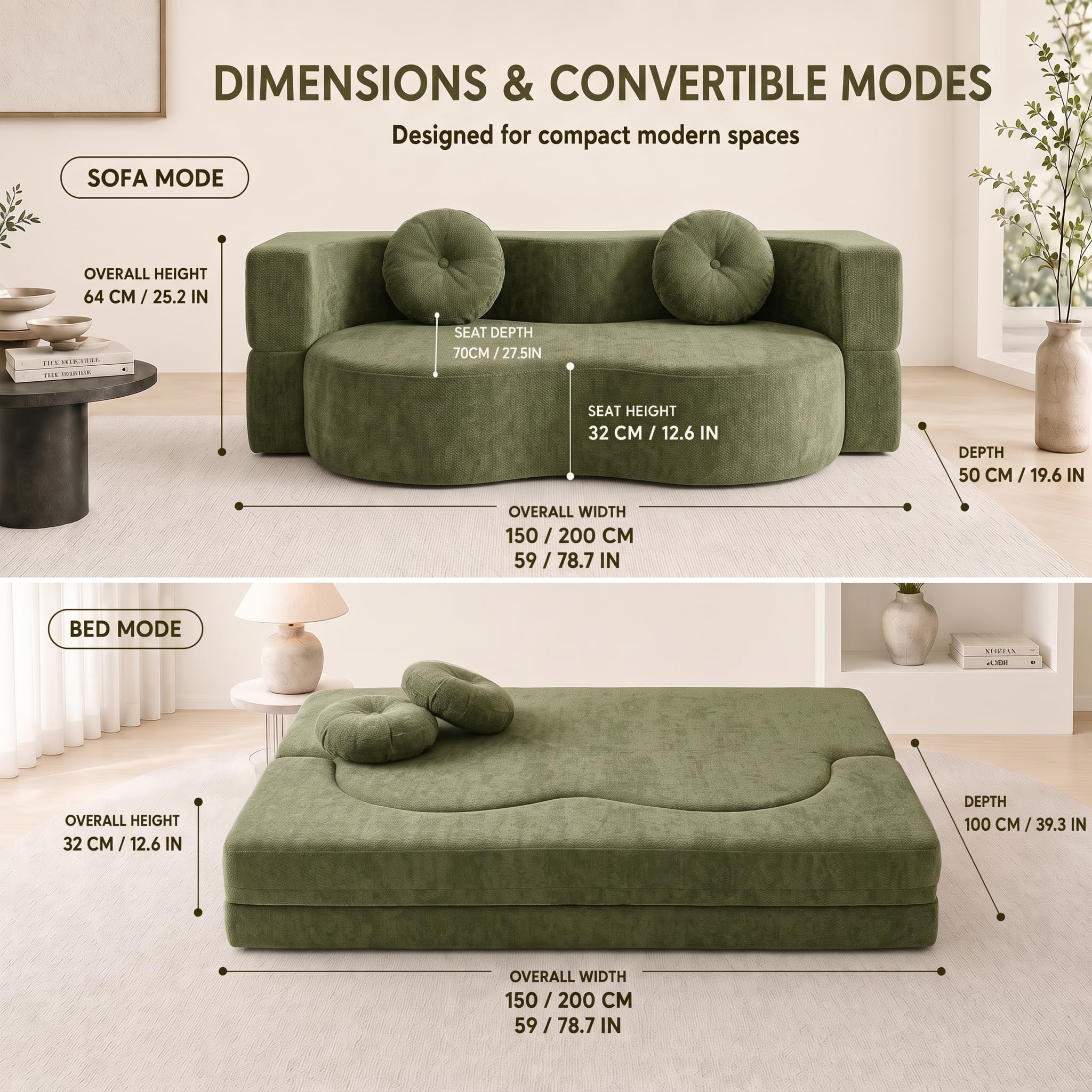 Divano Letto Pieghevole 2 in 1, Divano con Funzione Letto Senza Struttura Rigida, Sofa Bed con 2 Cuscini, Letto Ospiti Pieghevole per Soggiorno, Camera da Letto e Ufficio,Verde(200 x 50 x 64 cm)