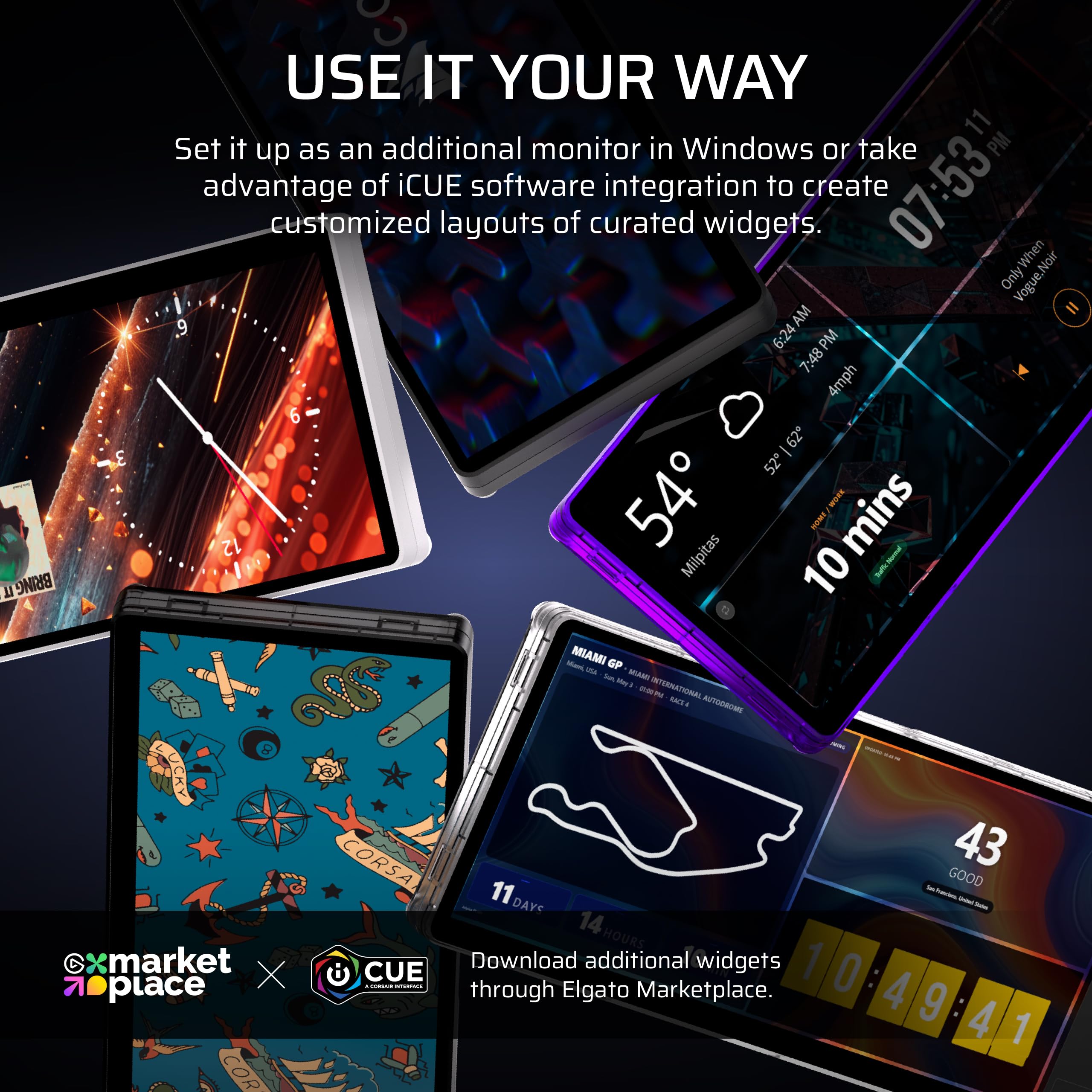 Corsair XENEON Edge 14,5-calowy przenośny ekran dotykowy LCD HDMI USB C AHVA – 2560 x 720, 60 Hz, tryb Alt USB C DP, montaż wewnętrzny i zewnętrzny, 5-punktowy Multi-Touch, iCUE, do komputera z