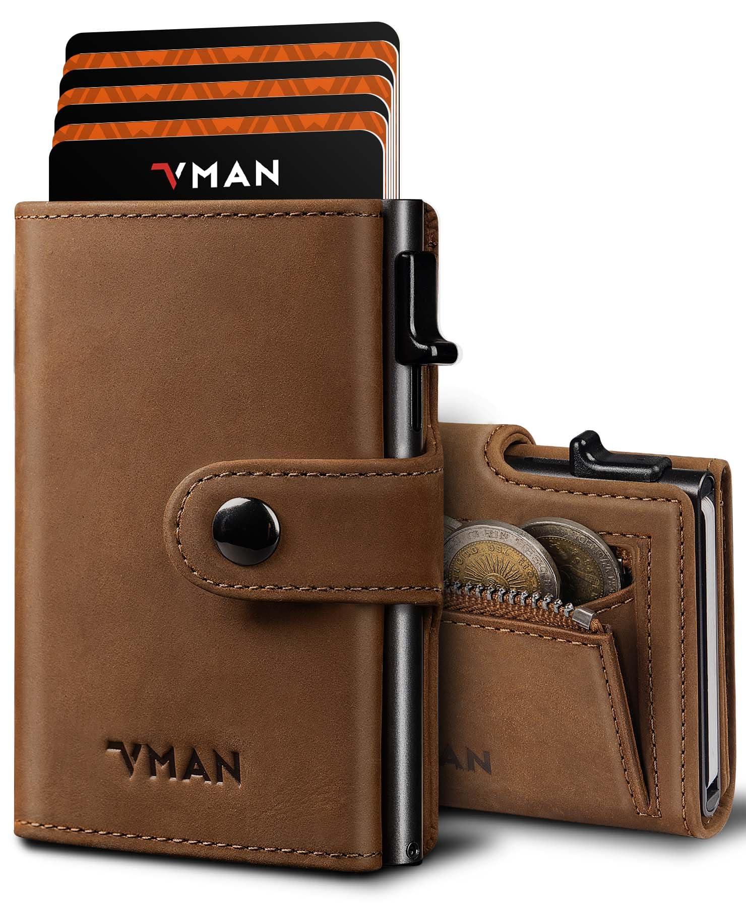 VMAN Geldbörse Herren, Slim Wallet mit Münzfach, RFID Schutz, Premium Leder Portmonee Geldbeutel für 8–11 Karten, Kleines Kartenetui für Alltag & Reise - Dunkel Braun