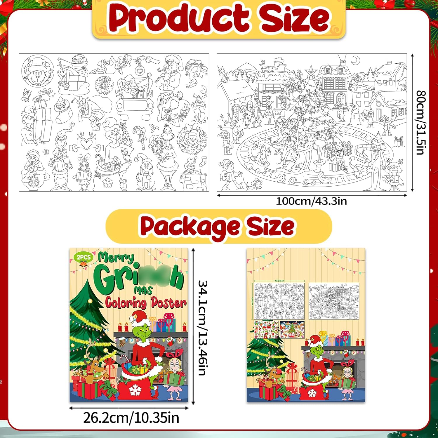 Ratoyal 2Pack Giant Christmas Coloring Poster, Grinches Large Coloring Poster for Kids, Xmas Big Jumbo Coloring Tablecloth for Christmas Party Favors Kids Craft Gift Classroom Home Activity Supplies