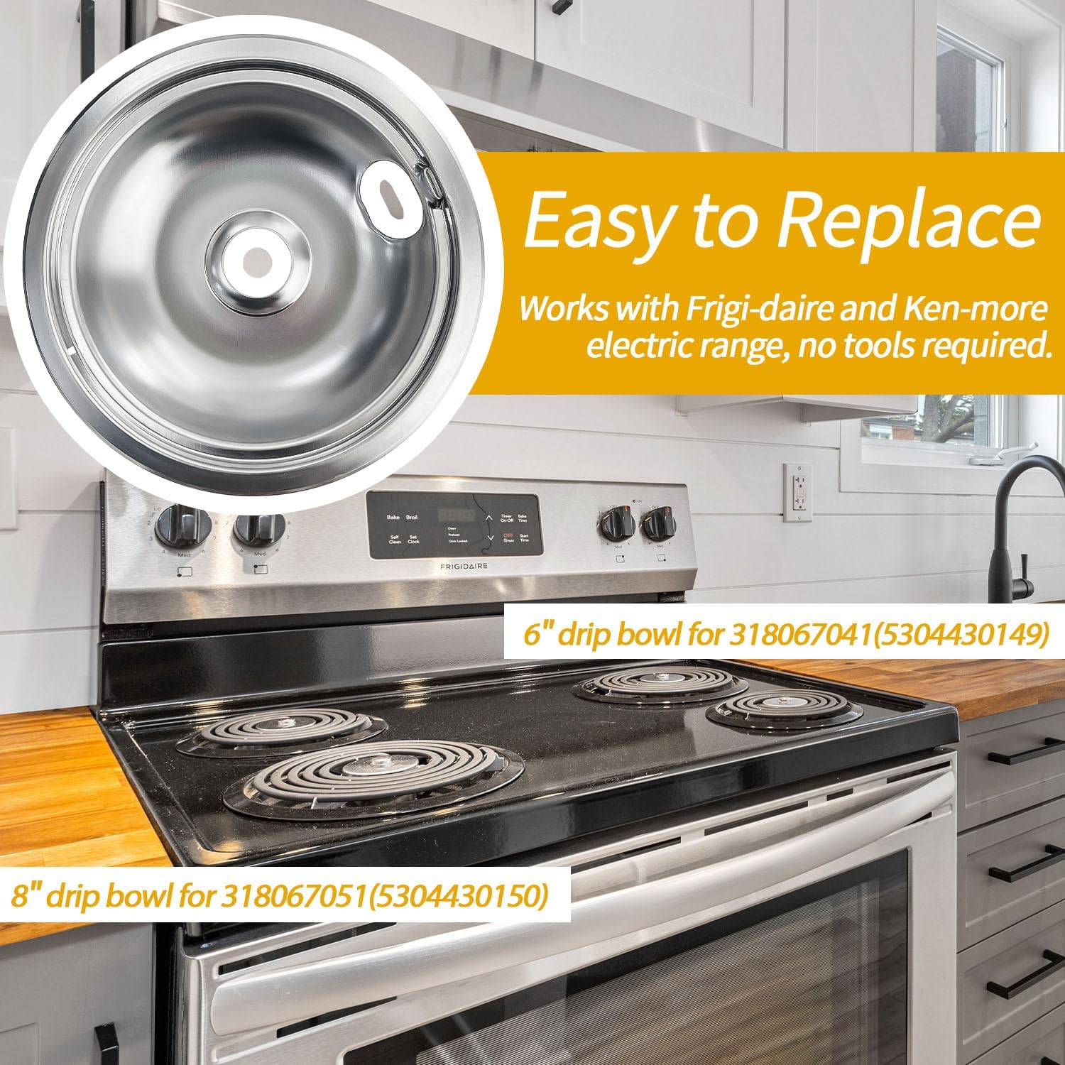 Sutekus Drip Pans Cooktop Porcelain Drip Pans Set Including 2 Pcs 6'' Range Replacement Drip Bowls and 2 Pcs 8 '' Cooktop Replacement Drip Pans for Frigidaire Kenmore
