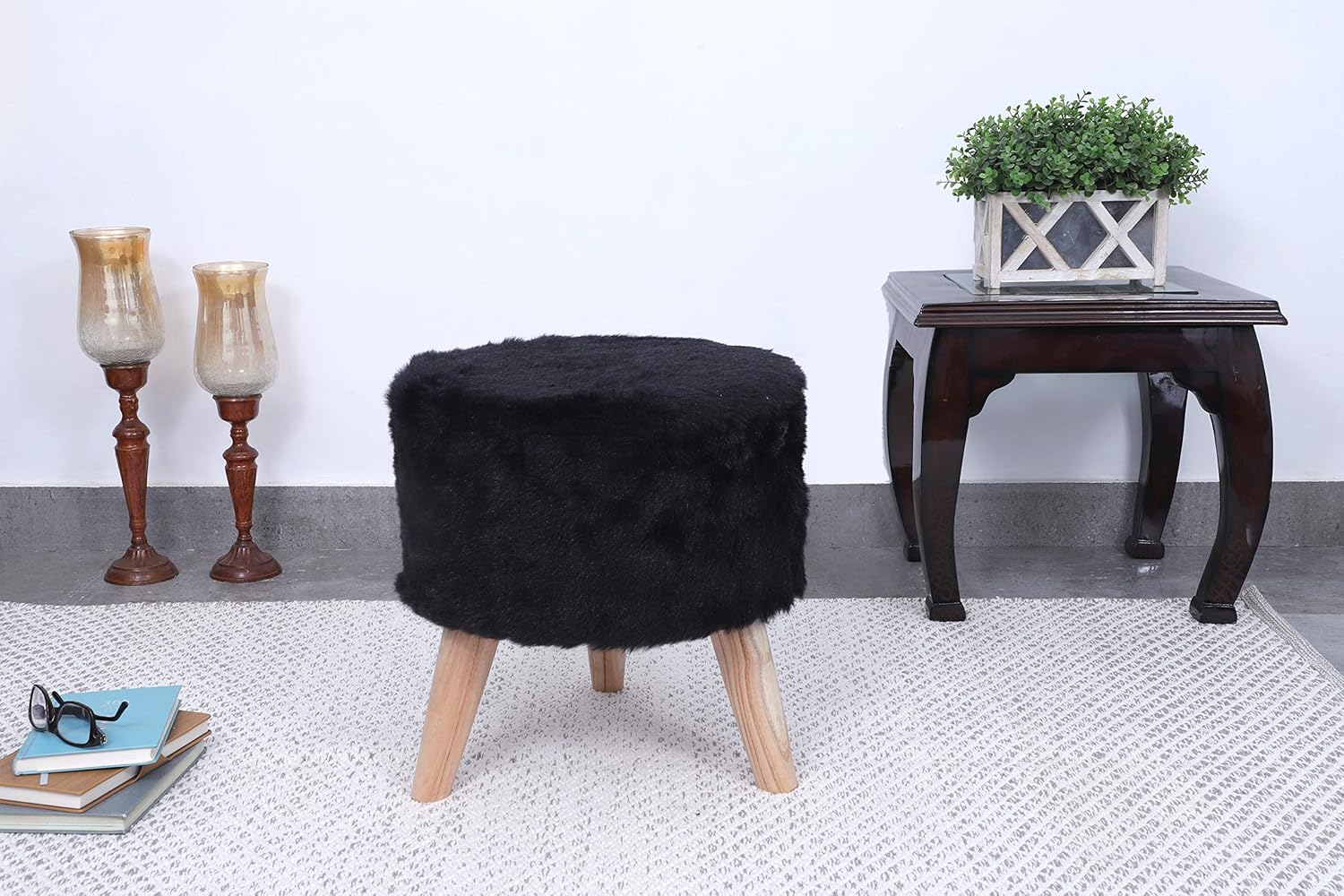 Fernish Decor Faux Fur Round Black Foot Stool Ottoman 3 Wooden Legs