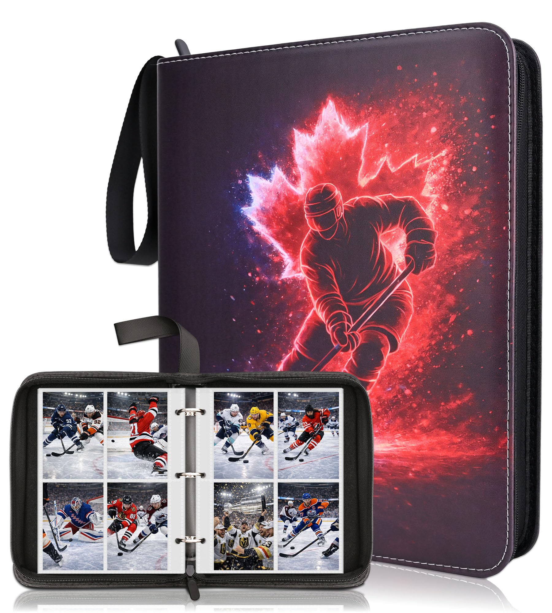 Hockey Card Binder, 4 Pocket Trading Portable Collector Binder with 50 Removable Sleeves for 400 Cards, Zipper Card Organizer Album for Football, Basketball, Baseball, Sports Cards