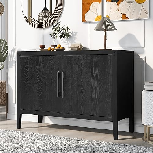 Aparador de gabinete de almacenamiento de granja, mesa de buffet de madera de 47 pulgadas, para sala de estar, entrada, comedor (negro)