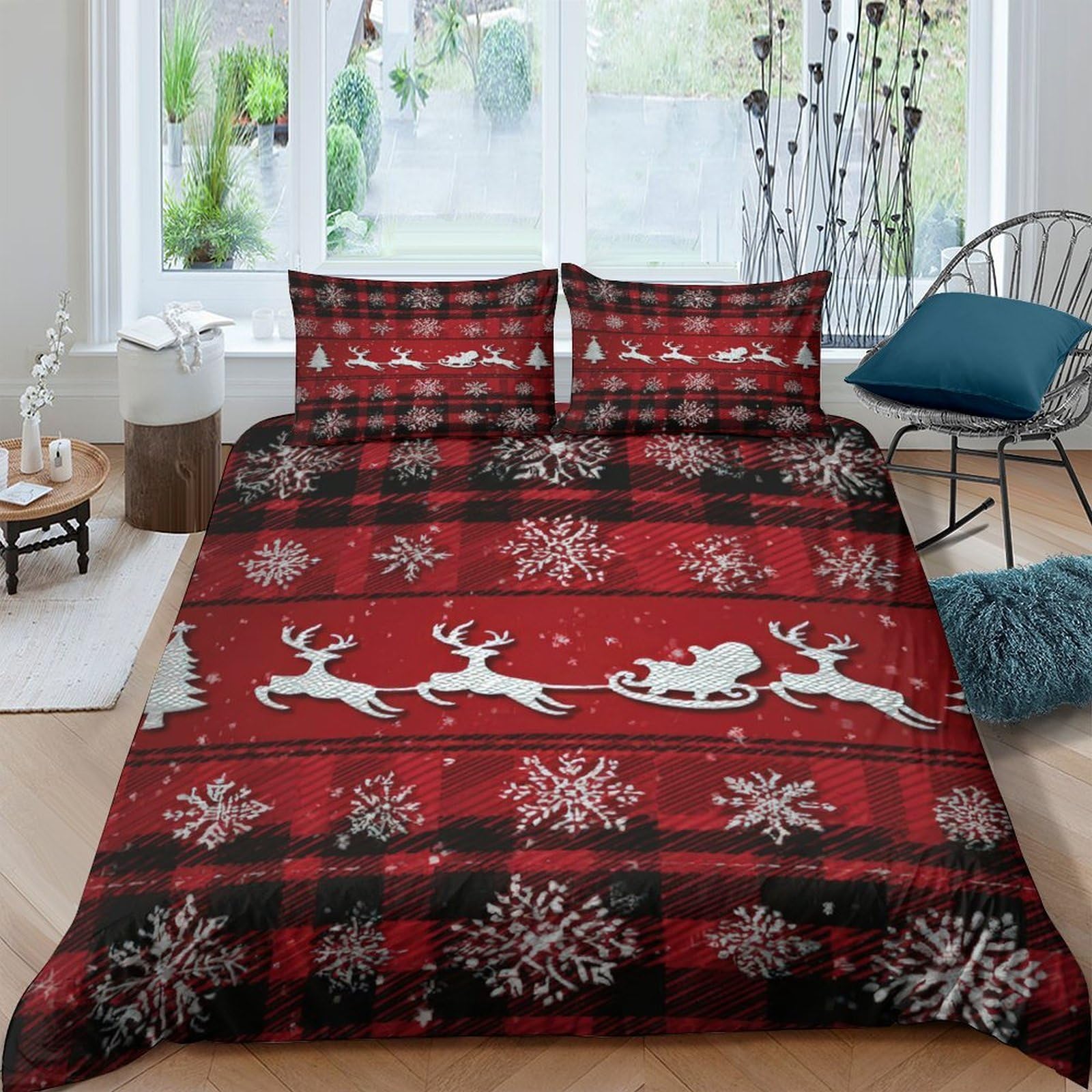 Ctjqhvkz Style-3 3D Printed Reindeer Snowflake Fitted Sheet Microfiber Red Plaid Bed Cover Non-Slip Machine Washable For Bedroom Home Single（135X200cm）