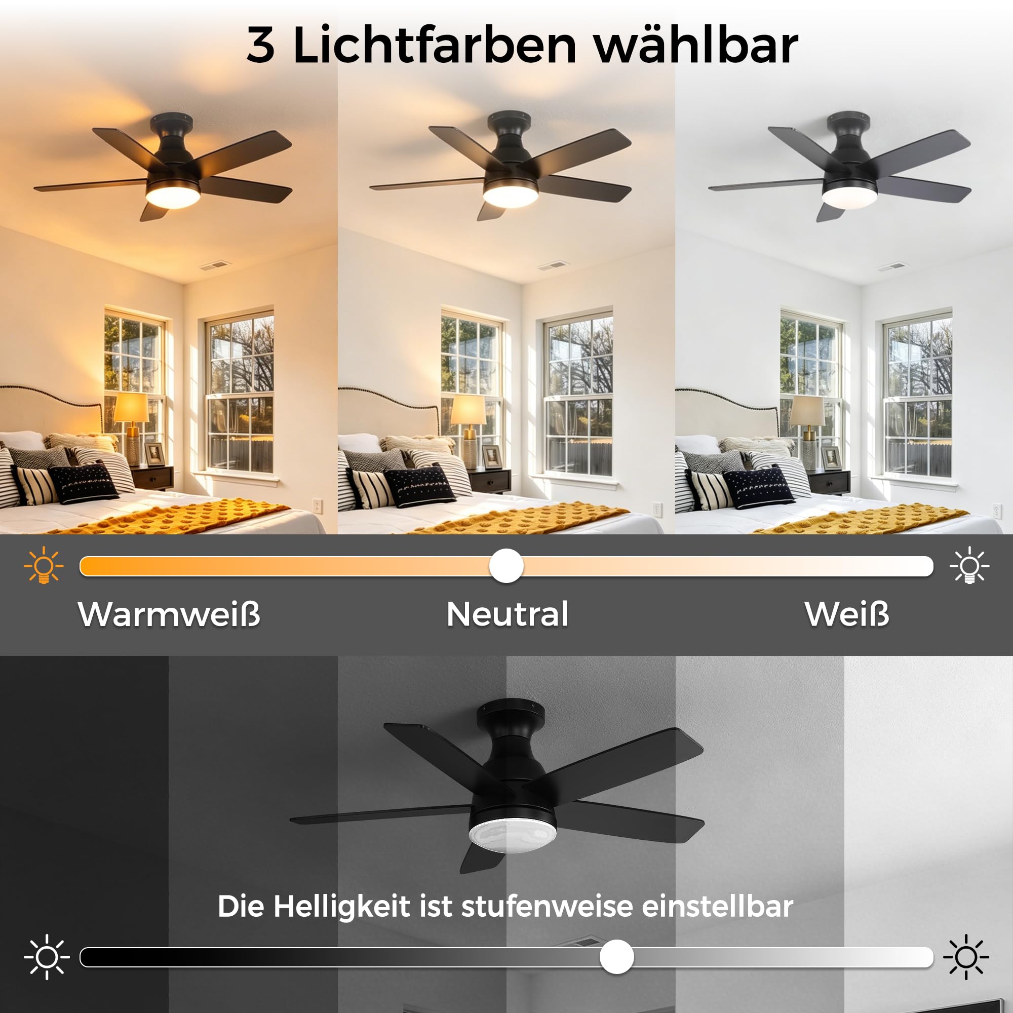 OZENAOS Deckenventilator mit Beleuchtung 112 cm, Leiser 33W DC Motor Ventilator Deckenlampe mit Fernbedienung, 6 Windstufen & Timer, LED Dimmbar 3000-6000K,1700LM, für Wohnzimmer Schlafzimmer
