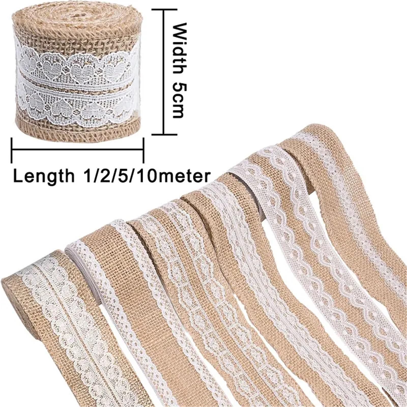 wstążka jutowa, Wstążka jutowa jasnobrązowa 1-10 m białe koronkowe wykończenia DIY ślubny wystrój domu(N0.22 Width 5cm,5Meters)