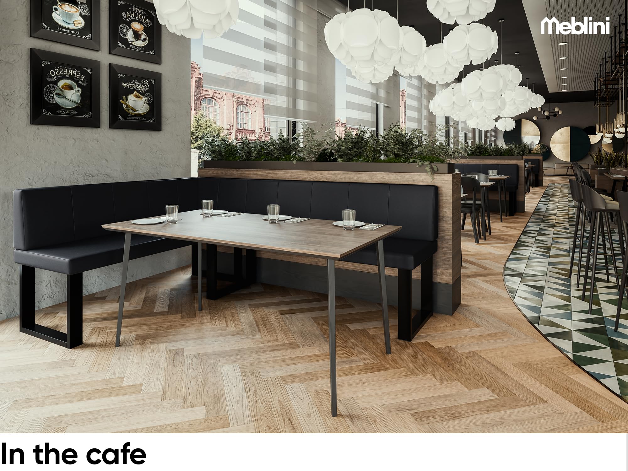 MEBLINI Eckbank für Esszimmer mit ausziehbarem Tisch - Küchenbank - Essecke - Sitzecke Küche - Peter - U-Beine 142x196x87cm Links - Schwarz Kunstleder/B Weiß Matt