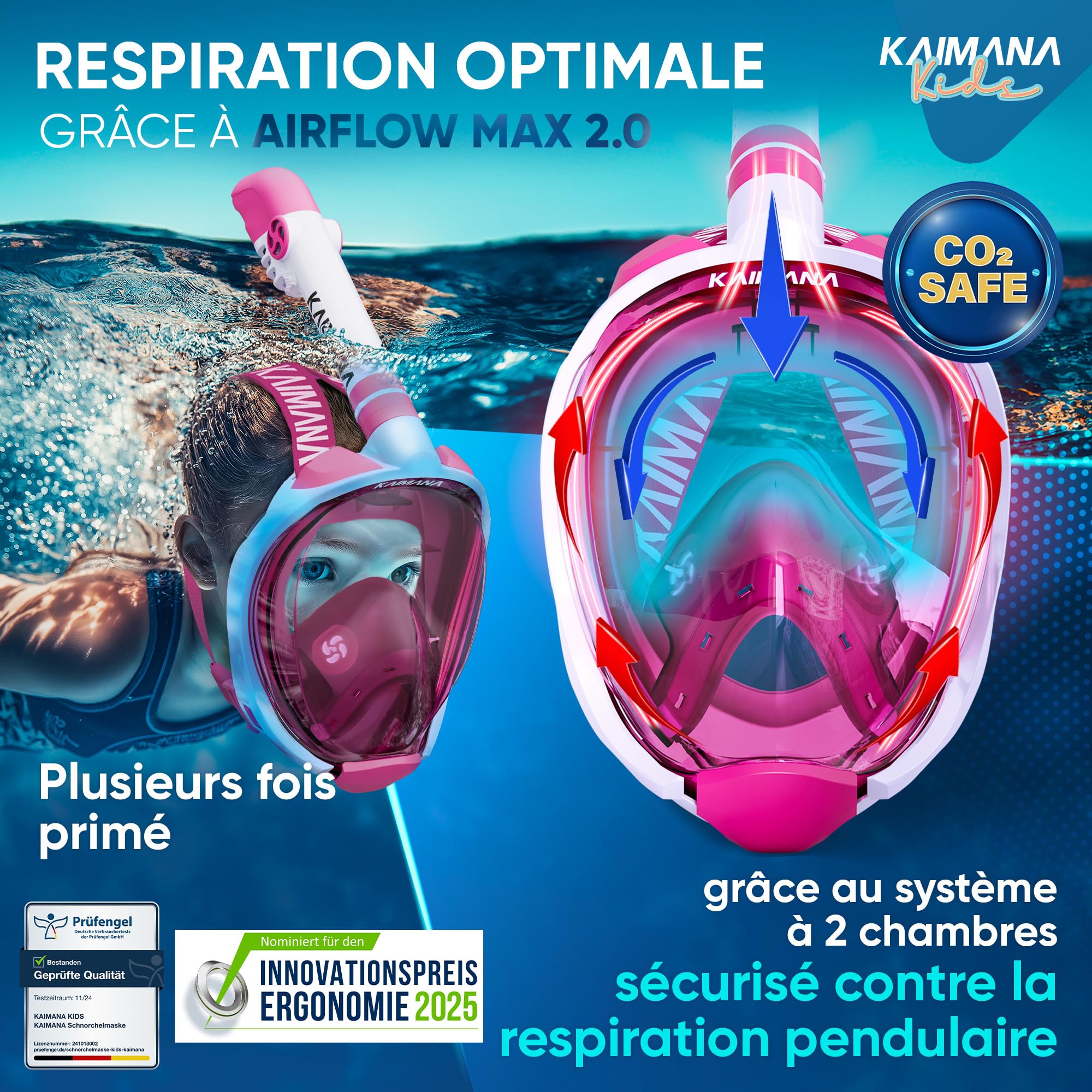 KAIMANA® Masque Plongée Adultes et Enfantes | Snorkeling Intégral Anti-Buée CO2 Safe | Tuba Adulte | Sac de Transport Inclus