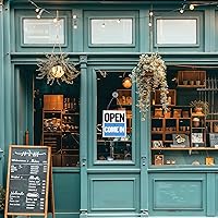 Vista 5 de BAZIC Products Letreros de apertura cerrada para negocios, letreros abiertos de vinilo de doble cara para ventana de negocios con letrero de reloj