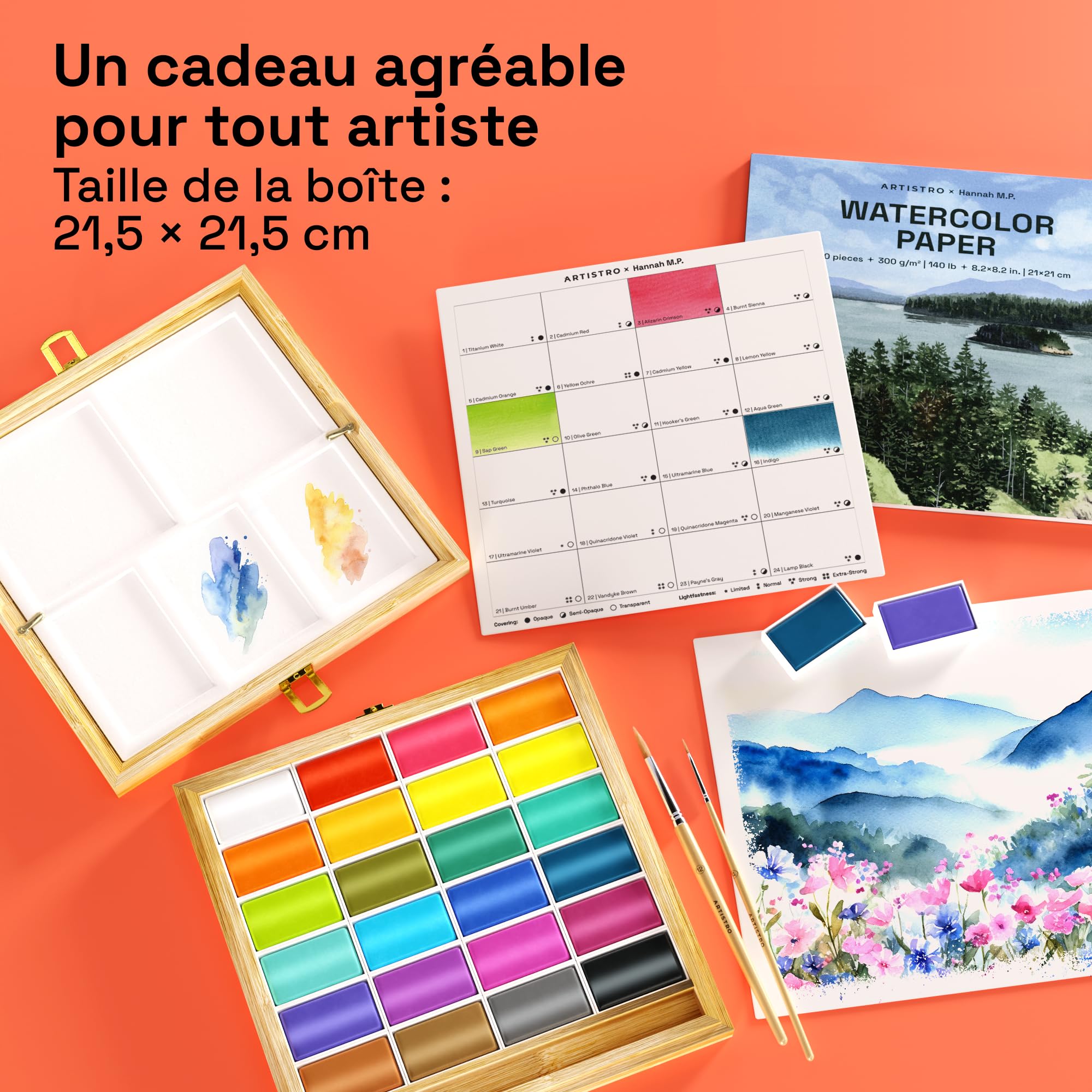 Artistro HANNAH M.P Kit de peinture aquarelle professionnelle édition limitée avec 24 couleurs dans une boîte en bois de bambou (pots XL de 6 ml) – 2 pinceaux, papier aquarelle, plateau de mélange –