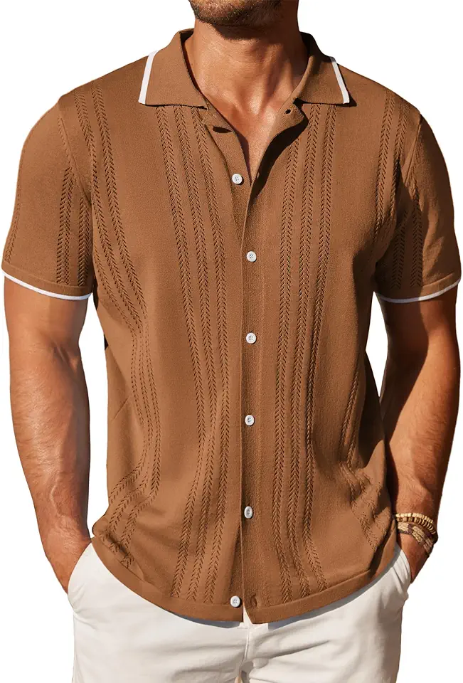 COOFANDY Men's Knit Button Down Shirt Vintage Short Sleeve Polo Shirts Casual Beach Tops